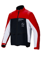 Alpinestars Lite-Dura Softshell-Jacke, Offroad-Enduro-Motorradjacke, Schwarz, Leuchtendes Rot und Weiß, mit Color-Block-Design, roten Schultern und Außenärmeln, weißen Seiteneinsätzen, schwarzer Brust mit Alpinestars-Branding, Reißverschlusstaschen und Stehkragen-Design