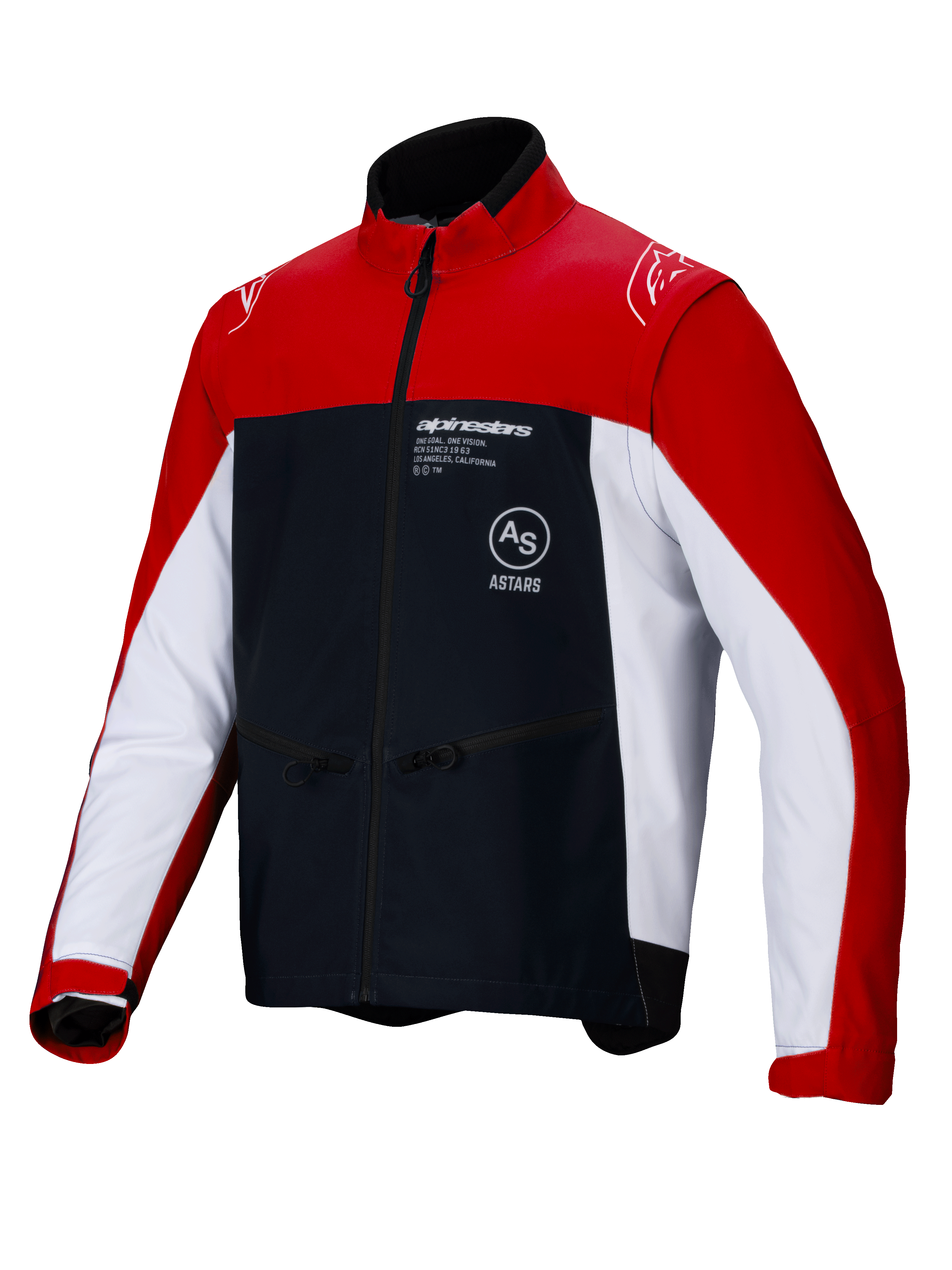Alpinestars Lite-Dura Softshell-Jacke, Offroad-Enduro-Motorradjacke, Schwarz, Leuchtendes Rot und Weiß, mit Color-Block-Design, roten Schultern und Außenärmeln, weißen Seiteneinsätzen, schwarzer Brust mit Alpinestars-Branding, Reißverschlusstaschen und Stehkragen-Design