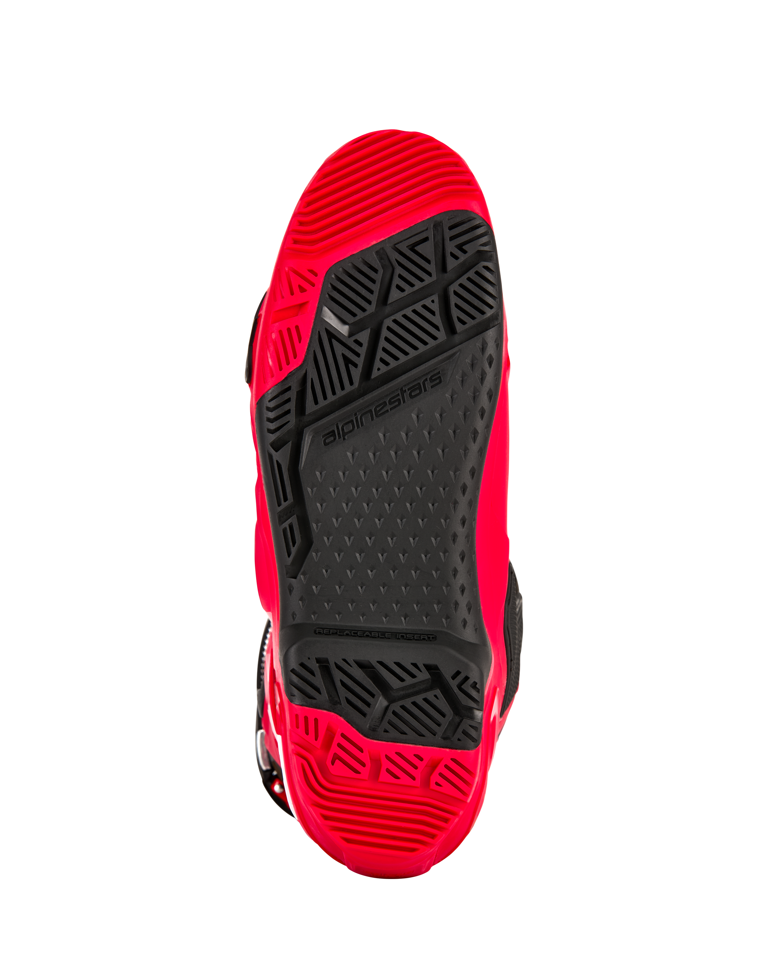 Alpinestars Tech 10 Enduro Boots, Bright Red and Black, bottom view of the enduro-spec dual compound sole, featuring a high-grip tread pattern and a black replaceable center insert.