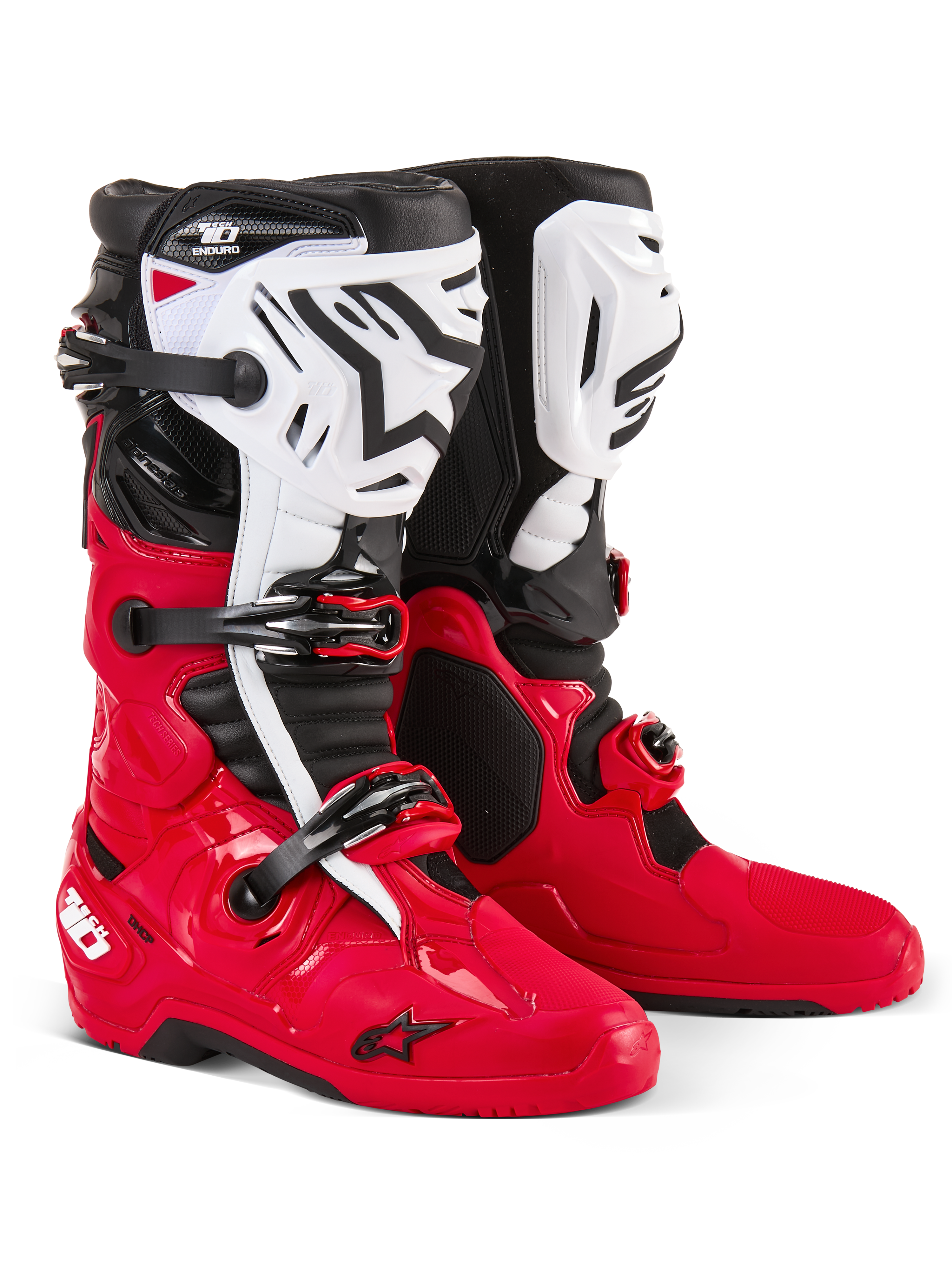 Alpinestars Tech 10 Enduro Boots, Motocross and Enduro Boots, Bright Red Black and White, white shin plates with black Astars logo, black buckles and straps, durable design for off-road racing