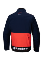 Alpinestars Lite-Dura Softshell Jacket in Navy, Hot Orange, and White, back view showcasing a color-blocked design, large zippered rear storage pocket, and white Alpinestars branding on the lower hem.
