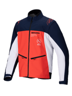 Alpinestars Lite-Dura Softshell Jacket, Navy Hot Orange and White, front view of a technical off-road jacket featuring zippered hand pockets, chest logos, and durable stretch material for enduro riding.