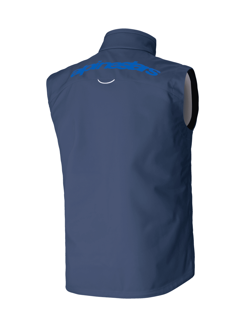 Alpinestars Techstar Softshell-Weste, Marineblau, Rückansicht mit hellblauem Alpinestars-Schriftzug über den Schultern, winddichte Stretch-Softshell-Konstruktion für Motocross und Offroad-Fahrten.