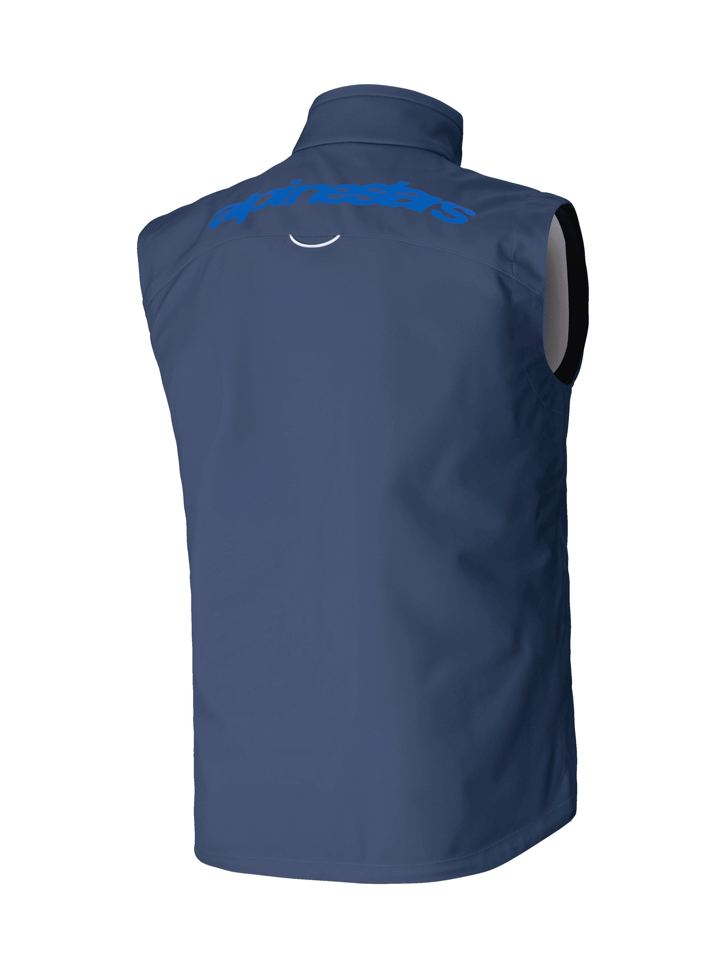 Alpinestars Techstar Softshell-Weste, Marineblau, Rückansicht mit hellblauem Alpinestars-Schriftzug über den Schultern, winddichte Stretch-Softshell-Konstruktion für Motocross und Offroad-Fahrten.
