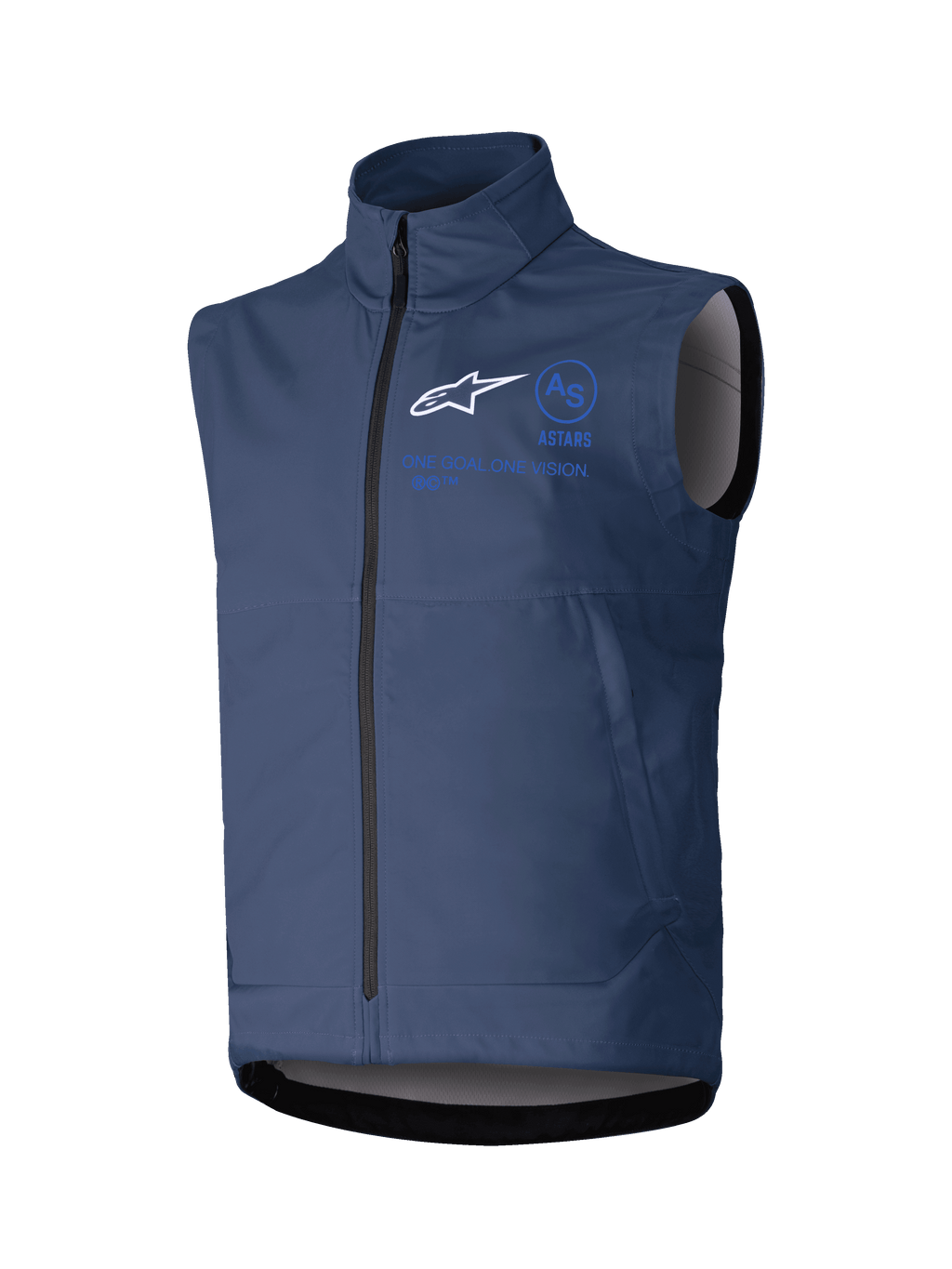 Alpinestars Techstar Softshell-Weste, Dunkelblau, ärmellose Motorradjacke, hoher Kragen mit Frontreißverschluss, weißes ASTARS-Logo und blaues Branding, technisches Softshell-Gewebe für Offroad-Fahrten