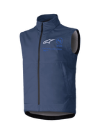 Alpinestars Techstar Softshell-Weste, Dunkelblau, ärmellose Motorradjacke, hoher Kragen mit Frontreißverschluss, weißes ASTARS-Logo und blaues Branding, technisches Softshell-Gewebe für Offroad-Fahrten