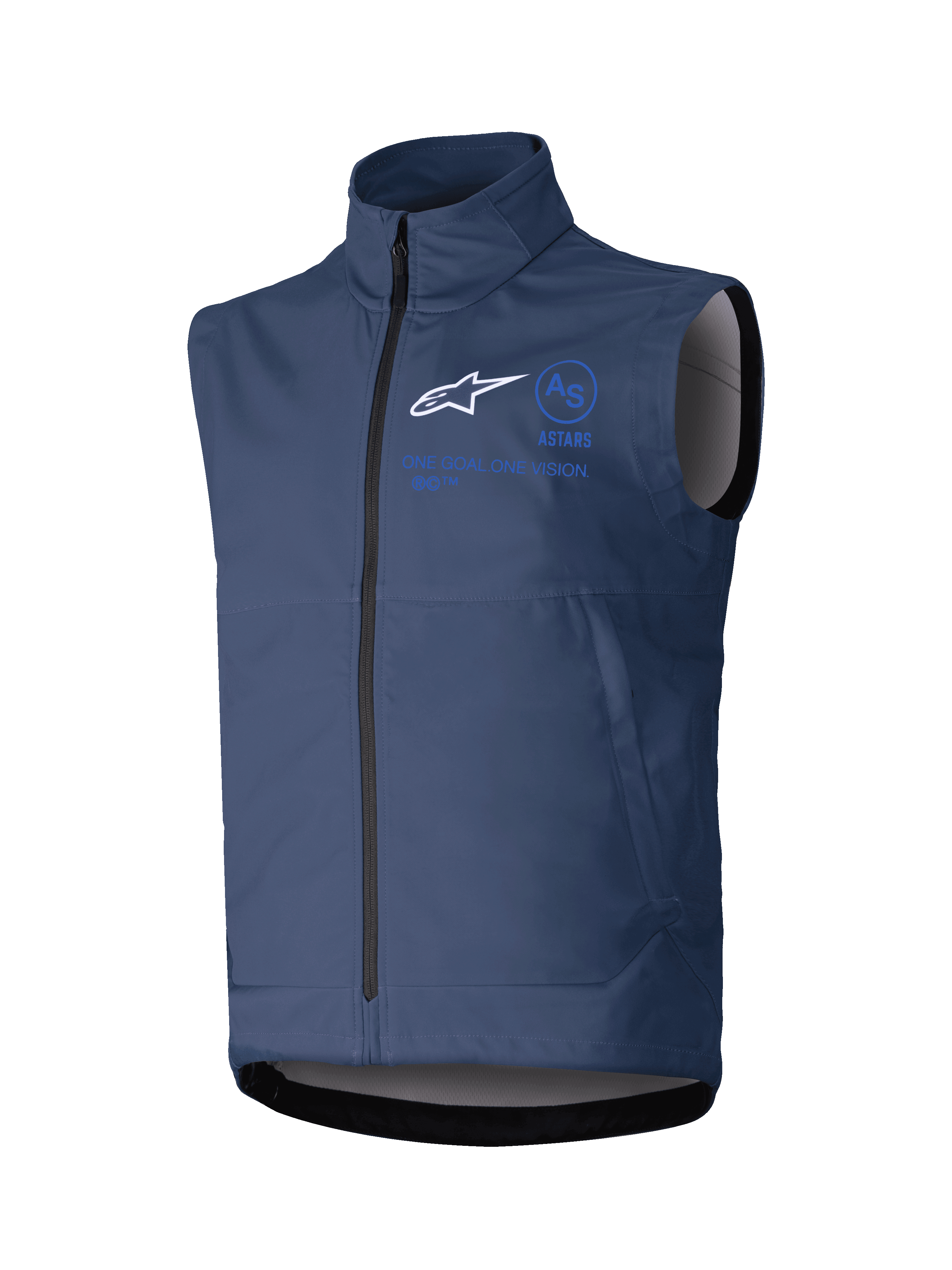 Alpinestars Techstar Softshell-Weste, Dunkelblau, ärmellose Motorradjacke, hoher Kragen mit Frontreißverschluss, weißes ASTARS-Logo und blaues Branding, technisches Softshell-Gewebe für Offroad-Fahrten