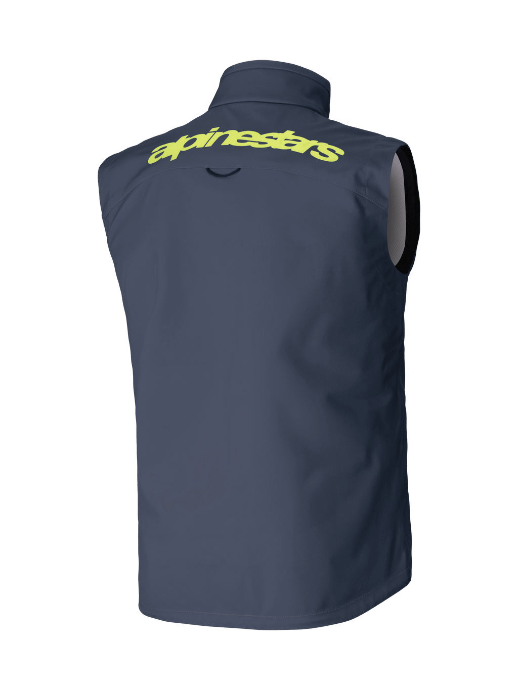 Alpinestars Techstar Softshell-Weste, Dunkelgrau, Rückansicht, mit markantem gelbem Alpinestars-Schriftzug auf den Schultern, ärmelloses winddichtes Design, Motocross- und Offroad-Performance-Ausrüstung