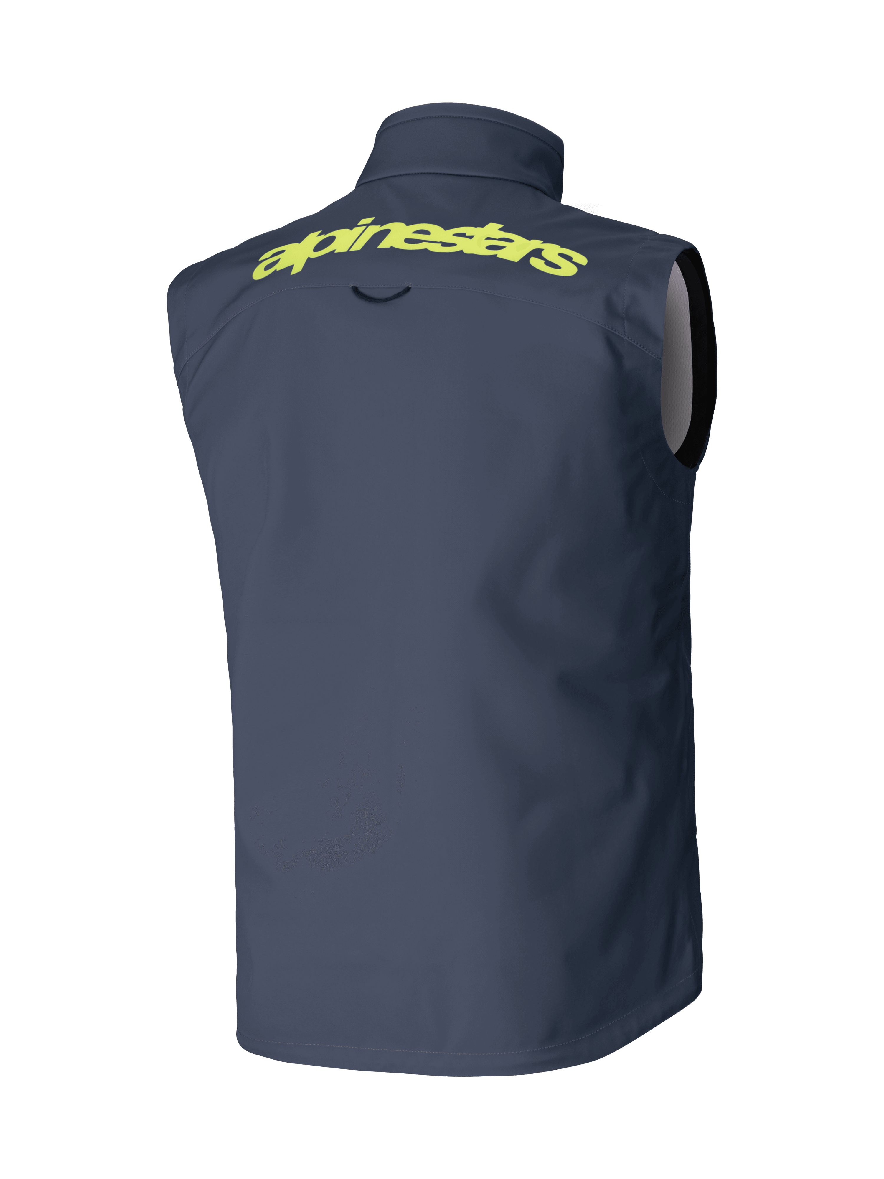 Alpinestars Techstar Softshell-Weste, Dunkelgrau, Rückansicht, mit markantem gelbem Alpinestars-Schriftzug auf den Schultern, ärmelloses winddichtes Design, Motocross- und Offroad-Performance-Ausrüstung