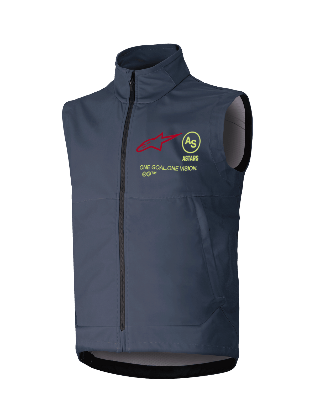 Alpinestars Techstar Softshell Vest, Motocross Sleeveless Vest, Dark Gray, high collar with full-length front zipper, featuring a red star logo, yellow circular AS emblem, ASTARS text, and ONE GOAL ONE VISION slogan on the chest, windproof off-road riding layer.