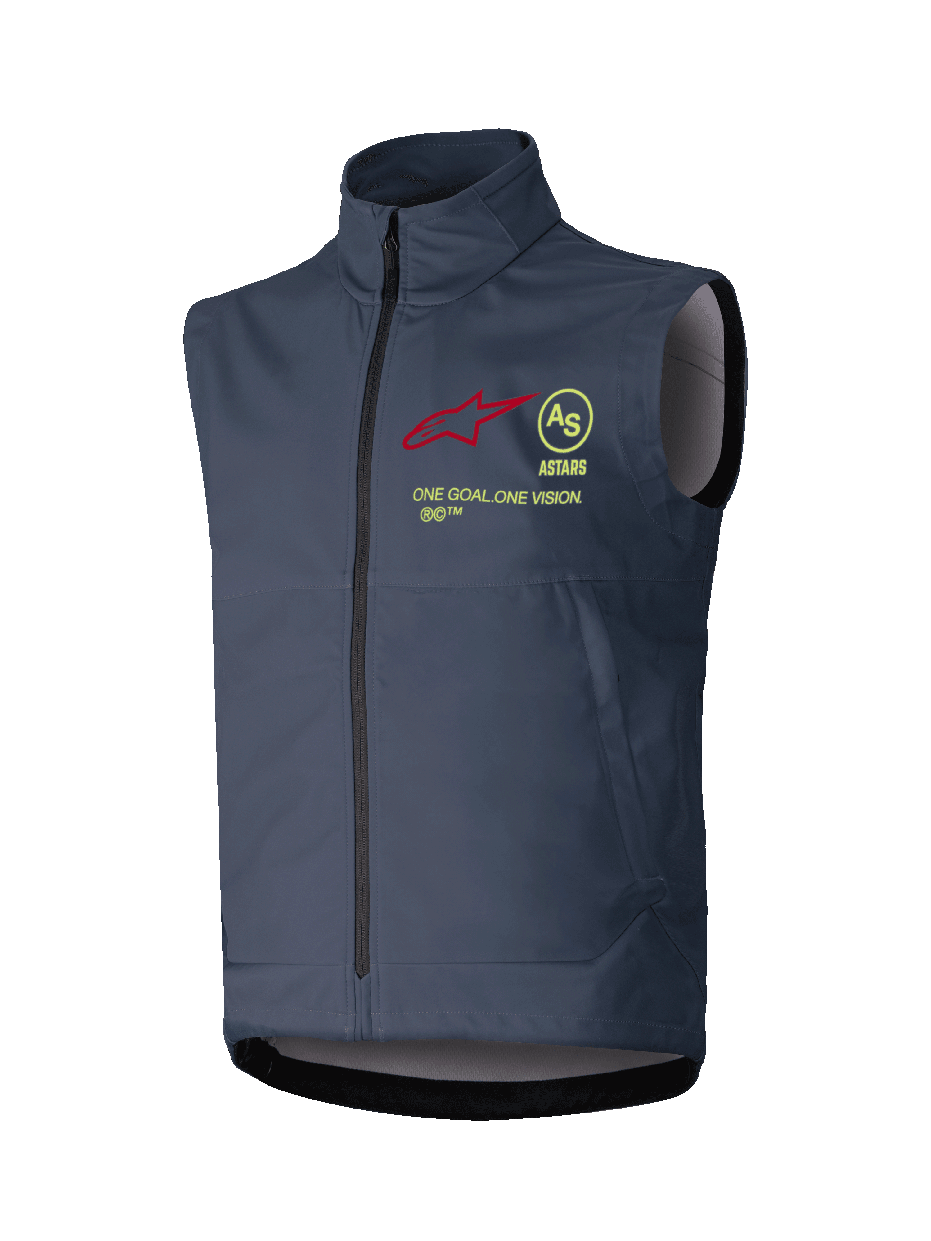 Alpinestars Techstar Softshell-Weste, Motocross-Weste, Dunkelgrau, Stehkragen mit durchgehendem Frontreißverschluss, rotes Stern-Logo, gelbes kreisförmiges AS-Emblem, „ASTARS“-Schriftzug und „ONE GOAL ONE VISION“-Slogan auf der Brust, winddichte Offroad-Bekleidungsschicht