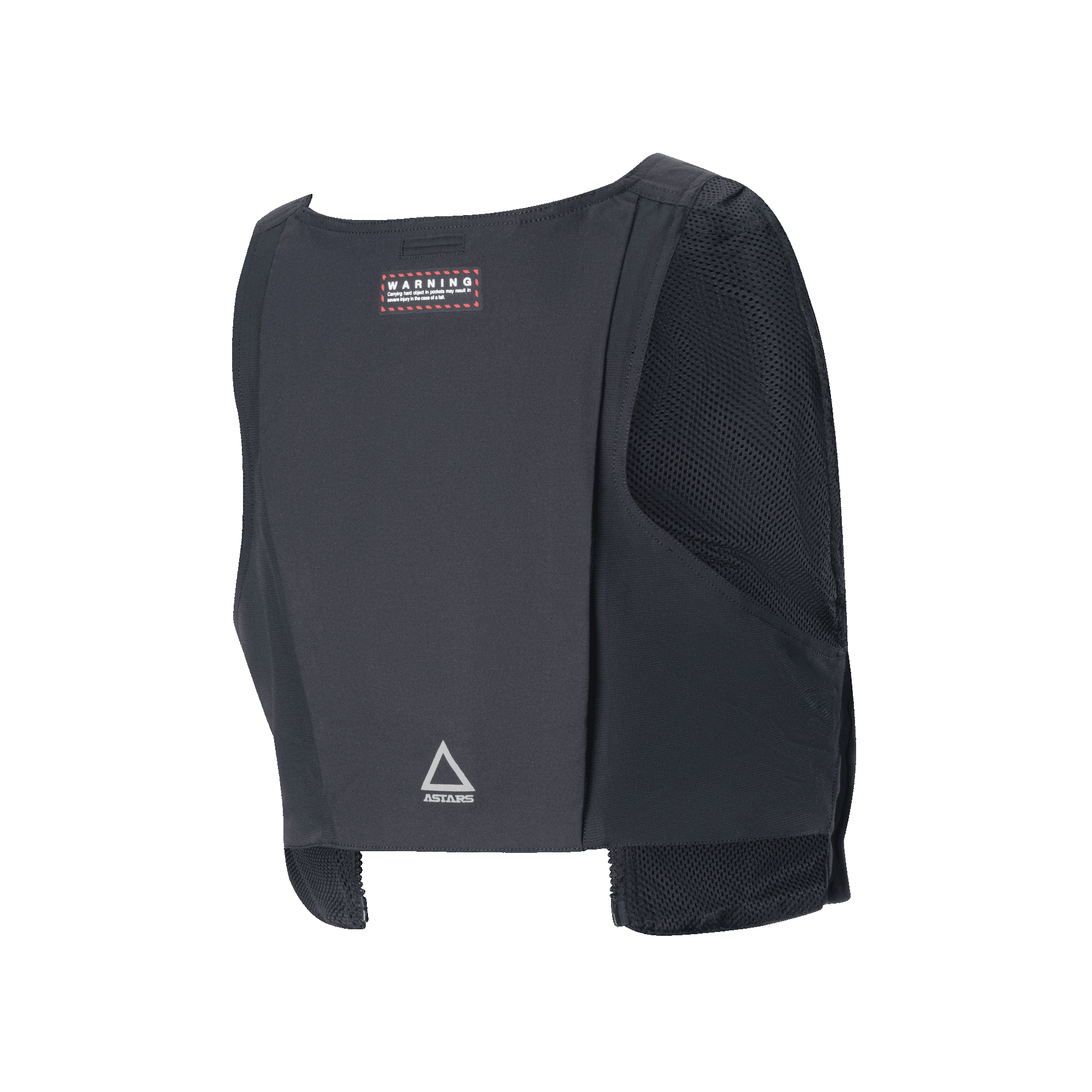 Alpinestars Techdura Tactical Vest, Rückansicht, schwarzes strapazierfähiges Textil mit Mesh-Seiteneinsätzen, mit rotem Warnetikett und silbernem Astars-Dreieckslogo am unteren Rücken, modularer Stauraum für Enduro-Fahrten