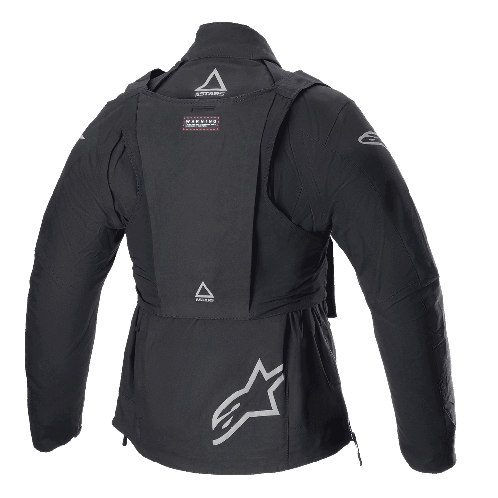 Alpinestars Techdura Jacke mit taktischem Rucksack, Offroad-Motorradjacke, Black Reflex, Rückansicht mit abnehmbarer taktischer Weste mit ASTARS-Logos, großem Stern-Logo auf dem unteren Rücken, robuste modulare Konstruktion für Enduro-Fahrten