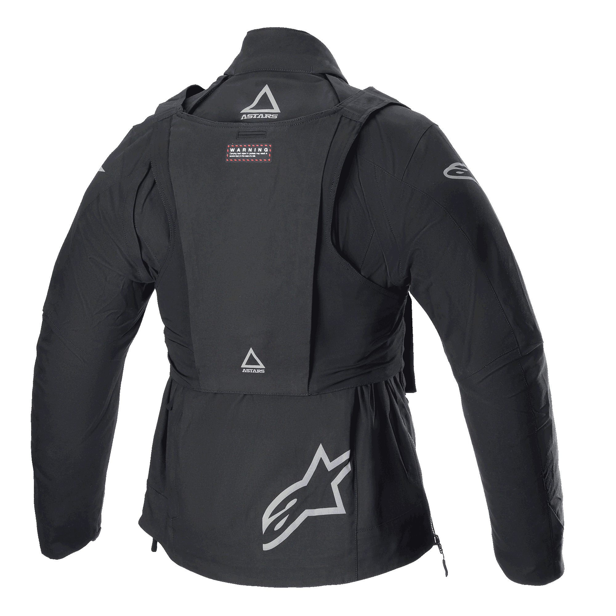 Alpinestars Techdura Jacke mit taktischem Rucksack, Offroad-Motorradjacke, Black Reflex, Rückansicht mit abnehmbarer taktischer Weste mit ASTARS-Logos, großem Stern-Logo auf dem unteren Rücken, robuste modulare Konstruktion für Enduro-Fahrten