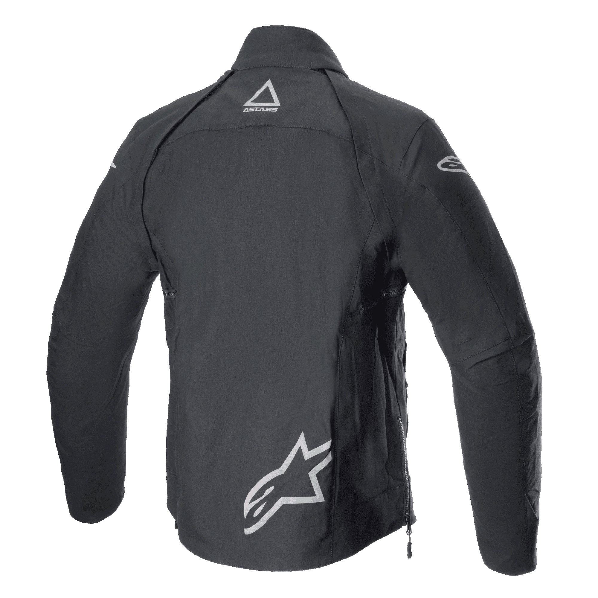 Alpinestars Techdura Jacke, Black Reflex, Rückansicht einer Offroad-Motorradjacke aus Textil, mit reflektierenden Alpinestars-Logos am unteren Rücken und im Nacken, robustes Design für Enduro- und Adventure-Fahrten