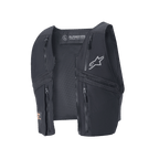 Alpinestars Techdura Tactical Weste, schwarze abnehmbare Westenkomponente für die Techdura Jacke, vier Front-Reißverschlusstaschen, atmungsaktive Mesh-Einsätze, silbernes Alpinestars-Logo, modulare Ausrüstung für Enduro- und Offroad-Fahrten.