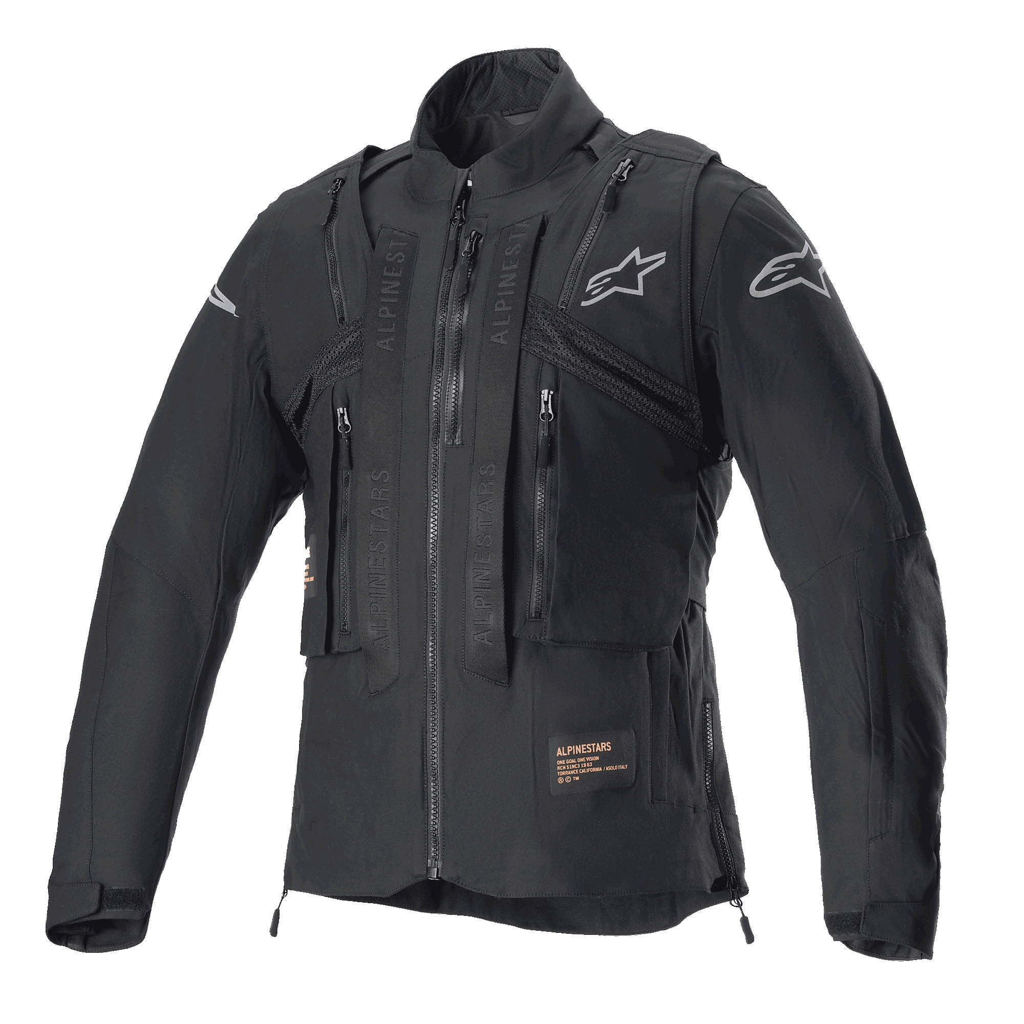 Alpinestars Techdura Jacke, Black Reflex, Offroad-Motorradjacke mit integrierter taktischer Weste, Frontansicht, mit mehreren Funktionstaschen, robuster Textilkonstruktion und silbernen Alpinestars-Logos, konzipiert für Enduro-Fahrten.