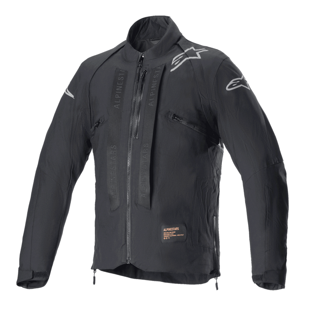 Alpinestars Techdura Jacke, Black Reflex Offroad-Motorradjacke, weiße Stern-Logos auf den Schultern, tonales Alpinestars-Branding auf der Brust, Frontreißverschluss, strapazierfähige Textilkonstruktion, technisches Enduro-Design