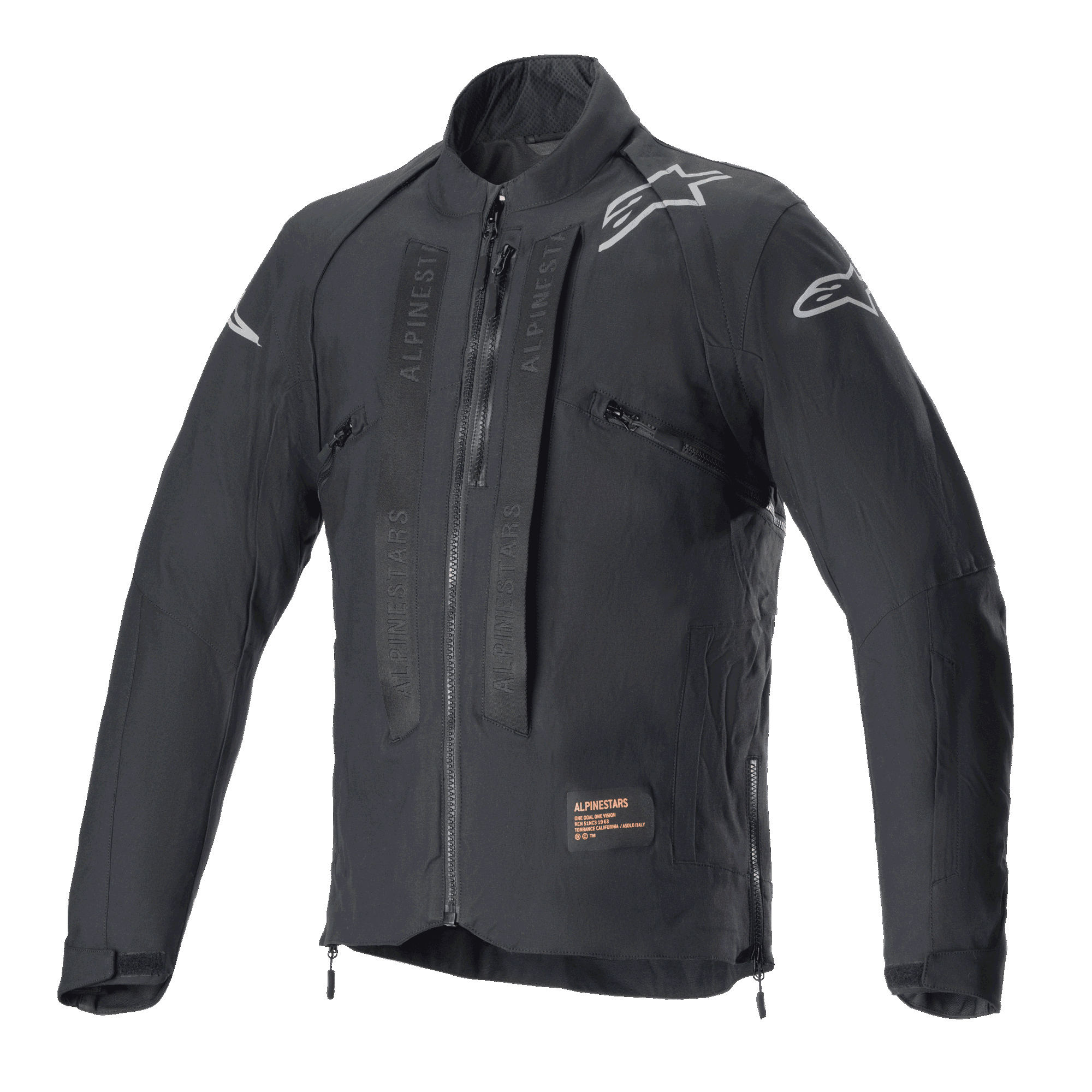 Alpinestars Techdura Jacke, Black Reflex Offroad-Motorradjacke, weiße Stern-Logos auf den Schultern, tonales Alpinestars-Branding auf der Brust, Frontreißverschluss, strapazierfähige Textilkonstruktion, technisches Enduro-Design