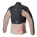 Alpinestars Techdura Jacke, Black Falcon Brown, Rückansicht mit dem abnehmbaren taktischen Rucksack, roten Alpinestars Stern-Logos, robuste Textilkonstruktion für Enduro- und Offroad-Fahrten