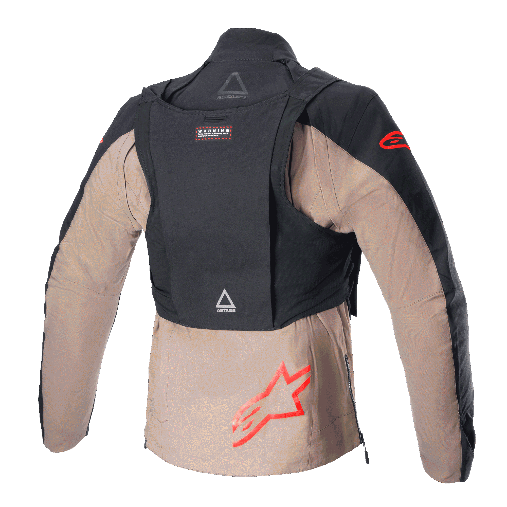 Alpinestars Techdura Jacke, Black Falcon Brown, Rückansicht mit dem abnehmbaren taktischen Rucksack, roten Alpinestars Stern-Logos, robuste Textilkonstruktion für Enduro- und Offroad-Fahrten