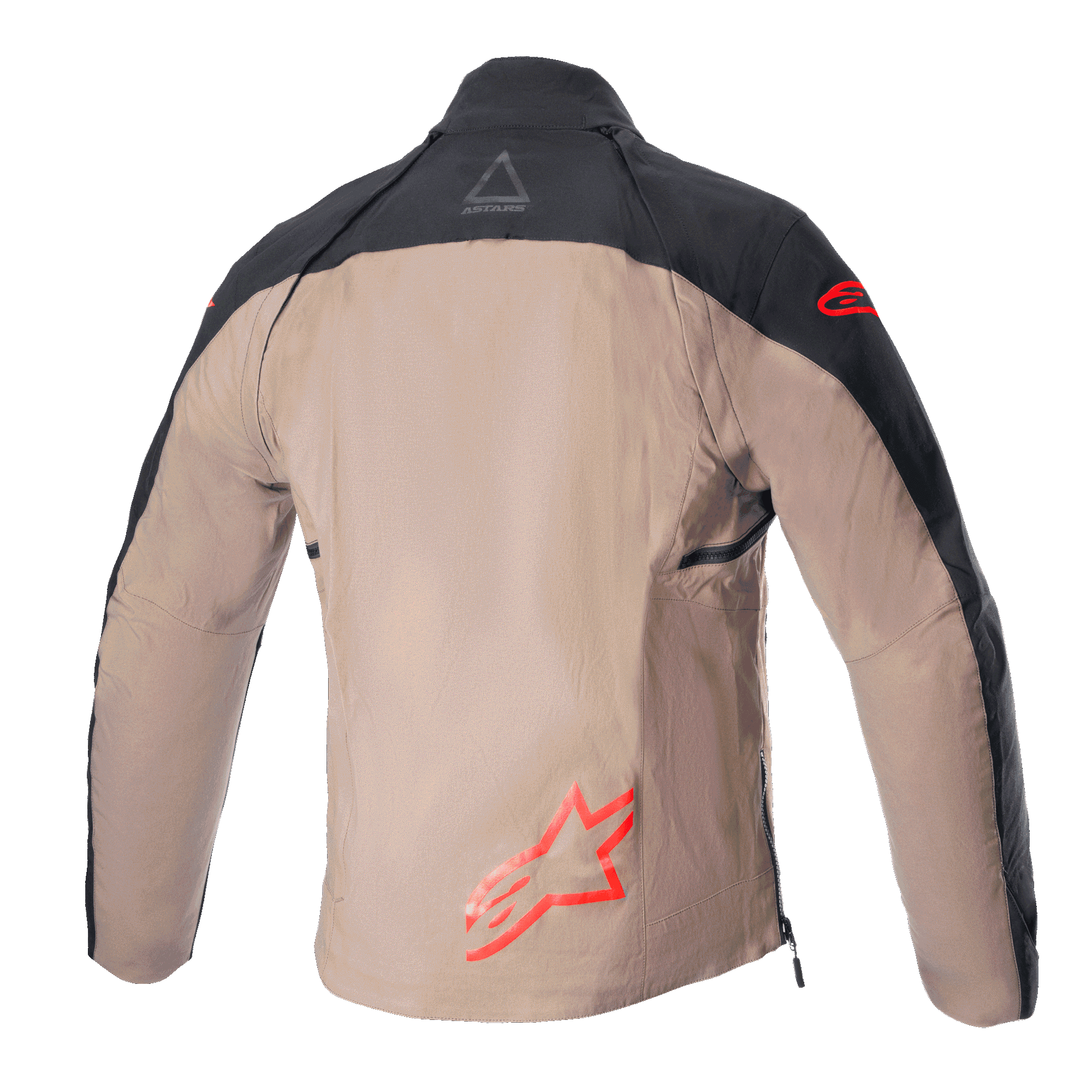 Alpinestars Techdura-Jacke, Off-Road Enduro-Jacke, Black Falcon Brown, Rückansicht ohne taktische Weste, mit roten Astars-Logos und strapazierfähiger Polyamid-Canvas-Konstruktion.