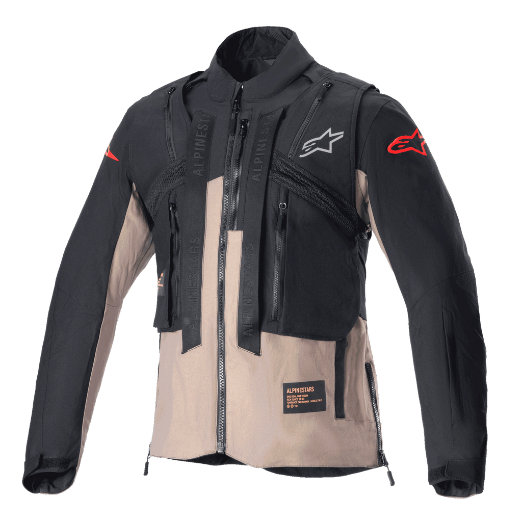 Alpinestars Techdura Jacke, Off-Road Enduro-Jacke, Schwarz und Falcon Brown, mit modularem Design und integrierter taktischer Weste, mehreren Funktionstaschen, strapazierfähiger Textilkonstruktion und Alpinestars-Logos auf Brust und Ärmeln.