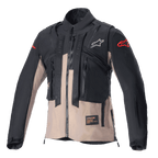 Alpinestars Techdura Jacke, Off-Road Enduro-Jacke, Schwarz und Falcon Brown, mit modularem Design und integrierter taktischer Weste, mehreren Funktionstaschen, strapazierfähiger Textilkonstruktion und Alpinestars-Logos auf Brust und Ärmeln.