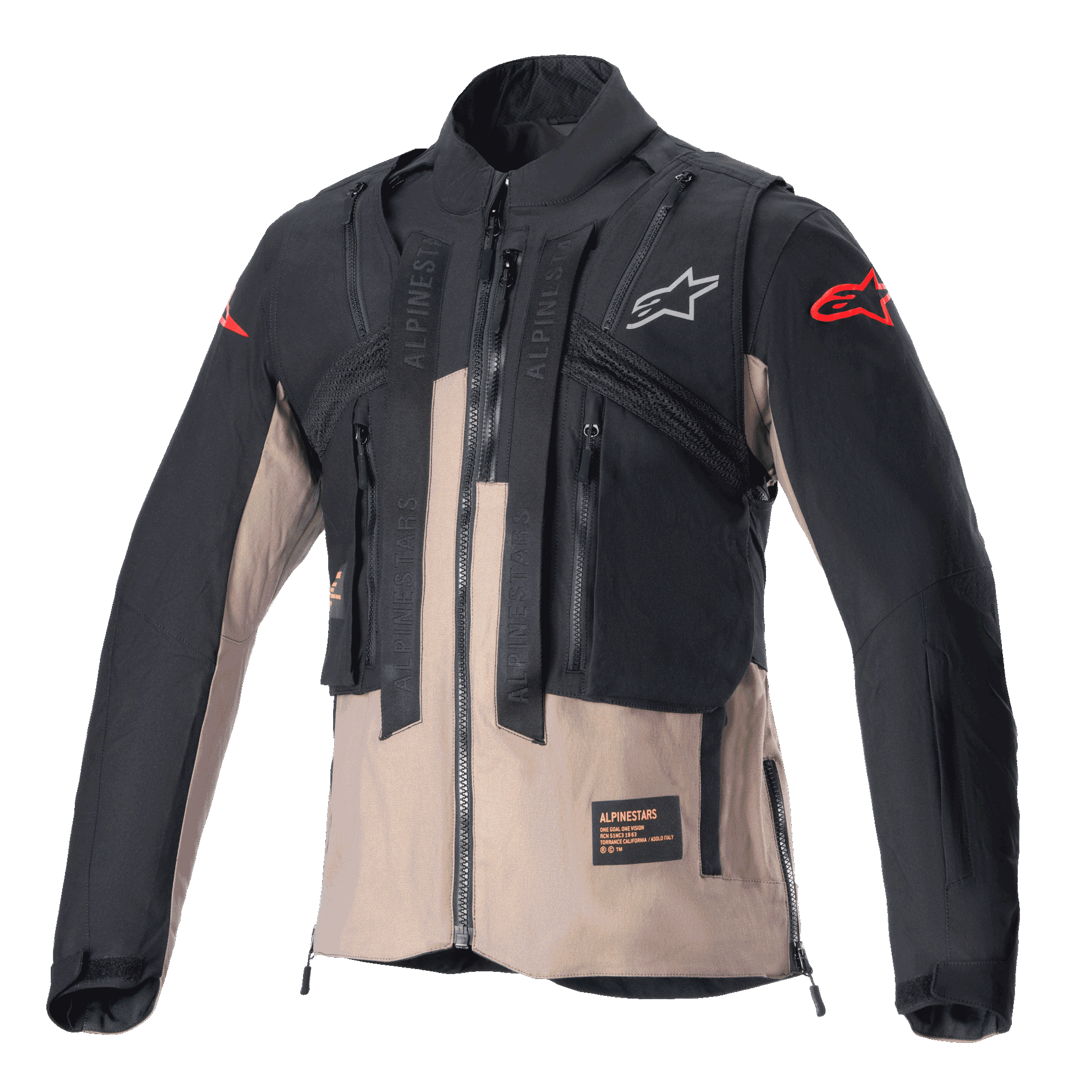 Alpinestars Techdura Jacke, Off-Road Enduro-Jacke, Schwarz und Falcon Brown, mit modularem Design und integrierter taktischer Weste, mehreren Funktionstaschen, strapazierfähiger Textilkonstruktion und Alpinestars-Logos auf Brust und Ärmeln.