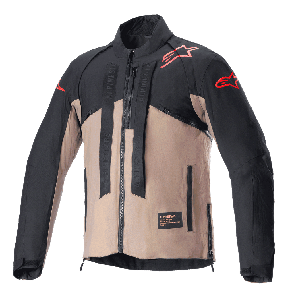 Alpinestars Techdura Jacke, Offroad-Motorradjacke, Black Falcon Brown, zweifarbiges Design mit roten Sternlogos auf Schultern und Ärmeln, vertikale Alpinestars-Markenriemen auf der Brust, strapazierfähiges Textilmaterial