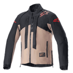 Alpinestars Techdura Jacke, Offroad-Motorradjacke, Black Falcon Brown, zweifarbiges Design mit roten Sternlogos auf Schultern und Ärmeln, vertikale Alpinestars-Markenriemen auf der Brust, strapazierfähiges Textilmaterial