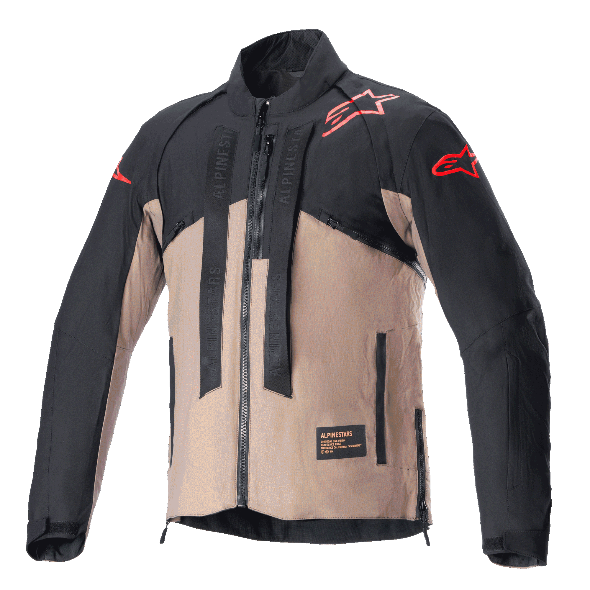 Alpinestars Techdura Jacke, Offroad-Motorradjacke, Black Falcon Brown, zweifarbiges Design mit roten Sternlogos auf Schultern und Ärmeln, vertikale Alpinestars-Markenriemen auf der Brust, strapazierfähiges Textilmaterial