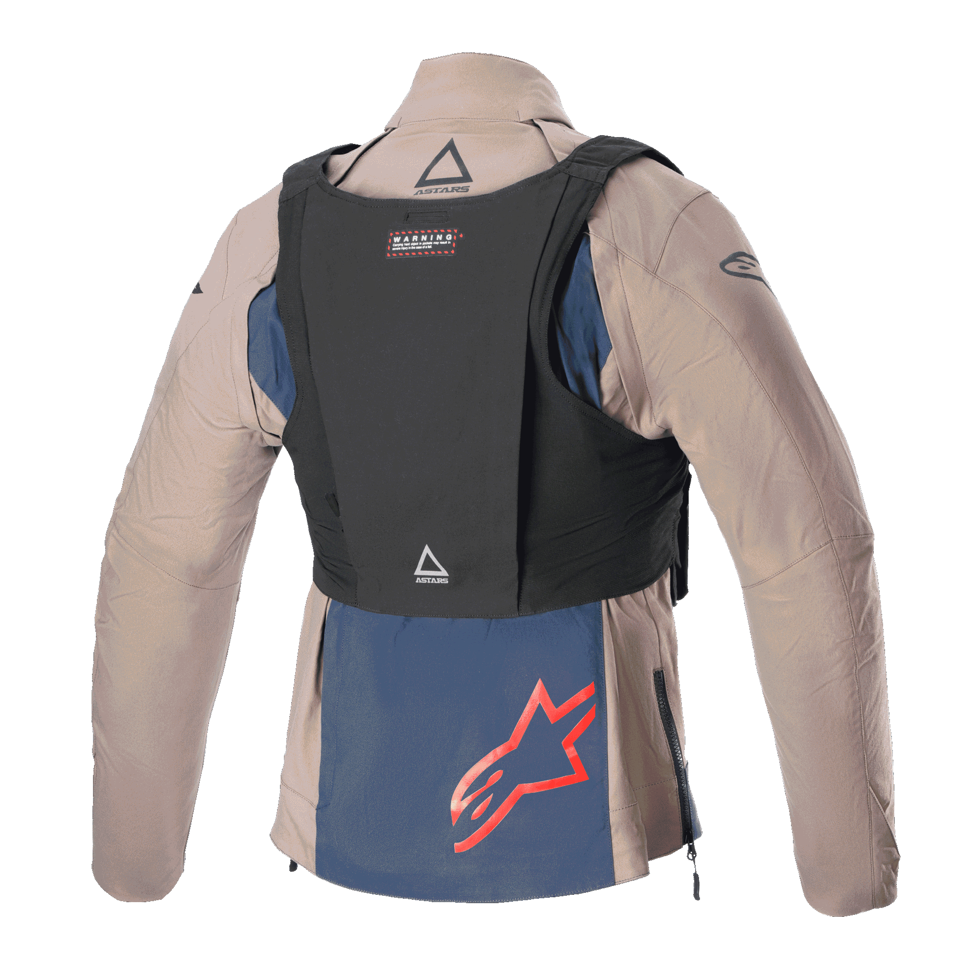 Alpinestars Techdura Jacke, Falcon Brown und Night Navy, Rückansicht mit schwarzer taktischer Weste, rotes Alpinestars-Logo auf dem dunkelblauen unteren Einsatz, robuste Textilkonstruktion für Enduro- und Offroad-Fahrten