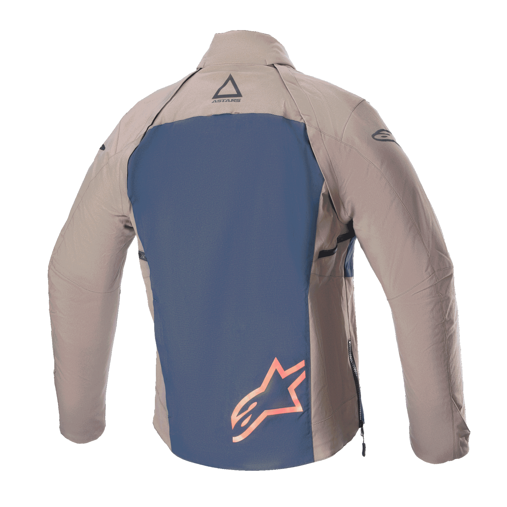Alpinestars Techdura Jacke, Rückansicht, Falcon Brown und Night Navy, mit einem dunkelblauen Rückenteil und einem großen orangefarbenen Stern-Logo, braunen Textilärmeln und -schultern, strapazierfähige Stretch-Polyamid-Konstruktion für Enduro- und Offroad-Fahrten