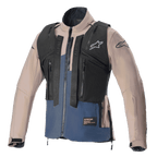Alpinestars Techdura Jacke, Falcon Brown und Night Navy, mit abnehmbarer schwarzer taktischer Weste mit mehreren Reißverschlusstaschen, robuste Stretch-Polyamid-Konstruktion, Stern-Logo auf der Brust und den Ärmeln, konzipiert für Enduro- und Offroad-Fahrten.