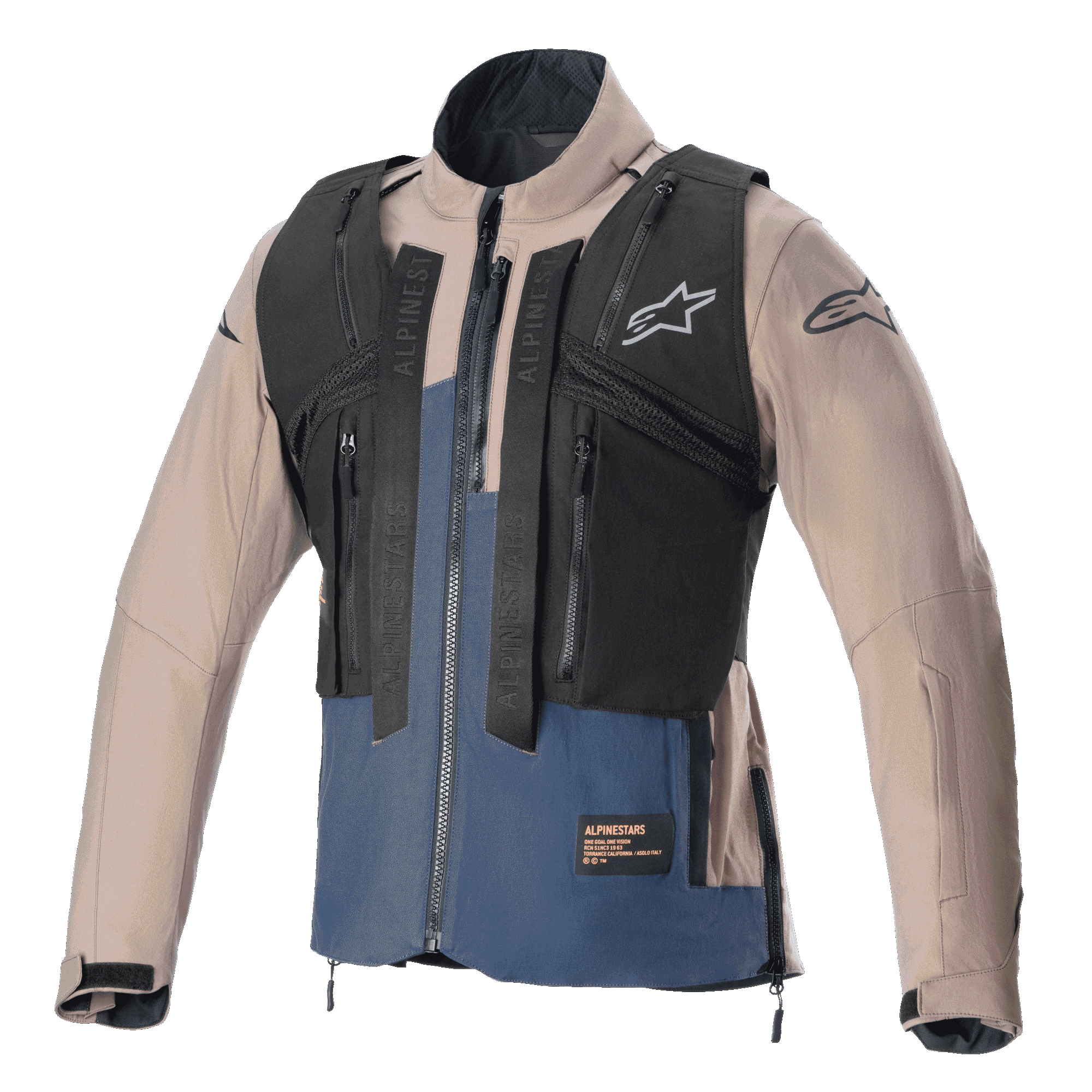 Alpinestars Techdura Jacke, Falcon Brown und Night Navy, mit abnehmbarer schwarzer taktischer Weste mit mehreren Reißverschlusstaschen, robuste Stretch-Polyamid-Konstruktion, Stern-Logo auf der Brust und den Ärmeln, konzipiert für Enduro- und Offroad-Fahrten.