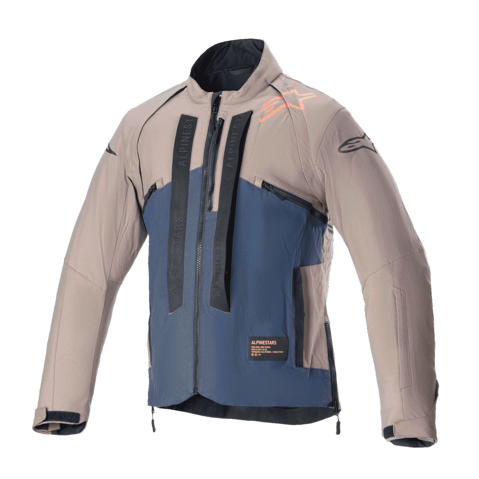 Alpinestars Techdura Jacke, Offroad-Motorradjacke, Falcon Brown und Night Navy, Vorderansicht, zweifarbige Konstruktion mit vertikalem schwarzem Alpinestars-Branding, orangem Schulter-Logo, hohem Kragen und Front-Reißverschluss, technische Bekleidung für Enduro- und Adventure-Fahrten.