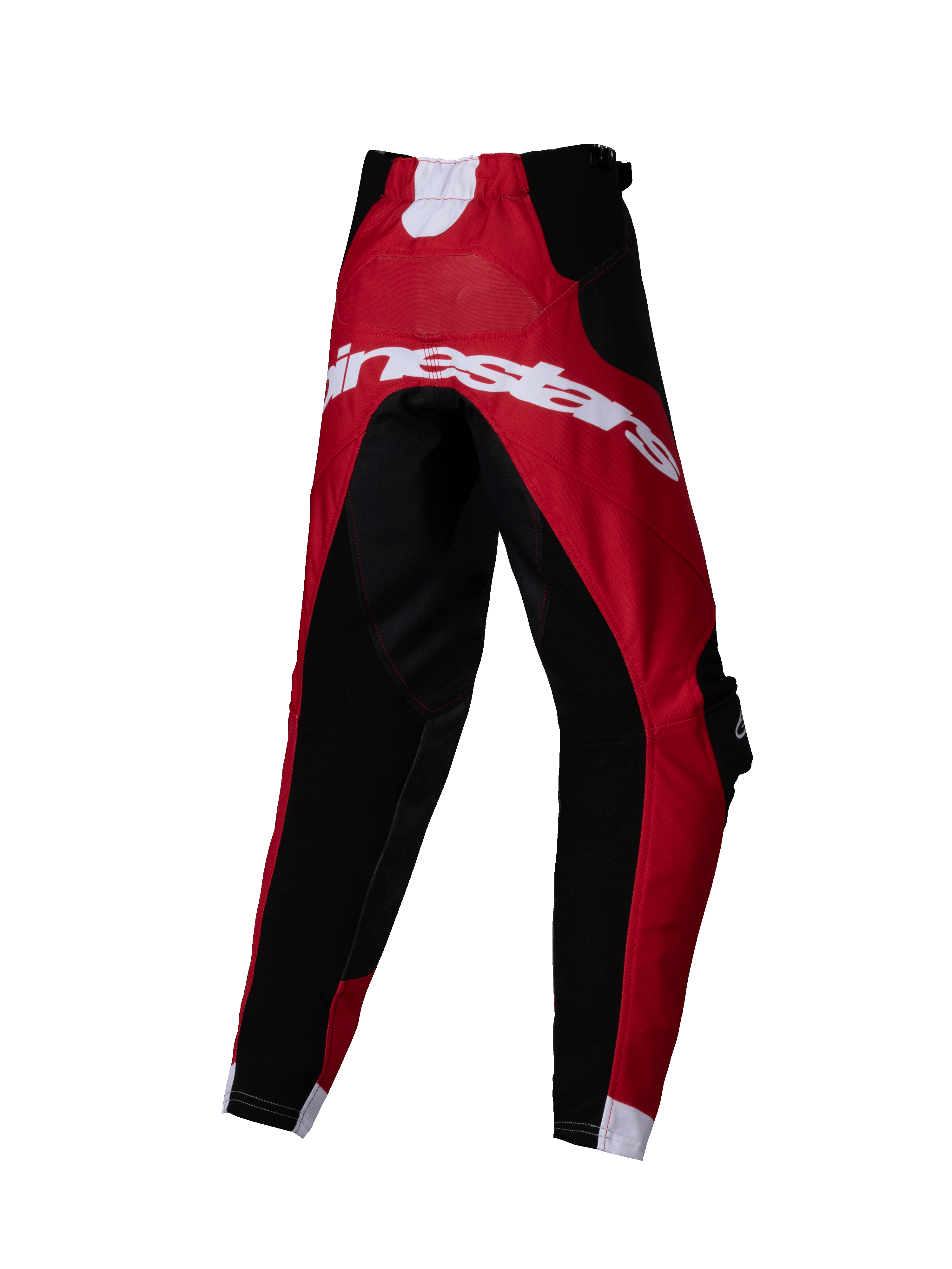 Alpinestars 2025 Kids Racer Veil Hose, Motocross-Hose, Schwarz und leuchtendes Rot, Rückansicht mit großem weißem Alpinestars-Logo, technisches Multi-Panel-Design für Offroad-Rennsport
