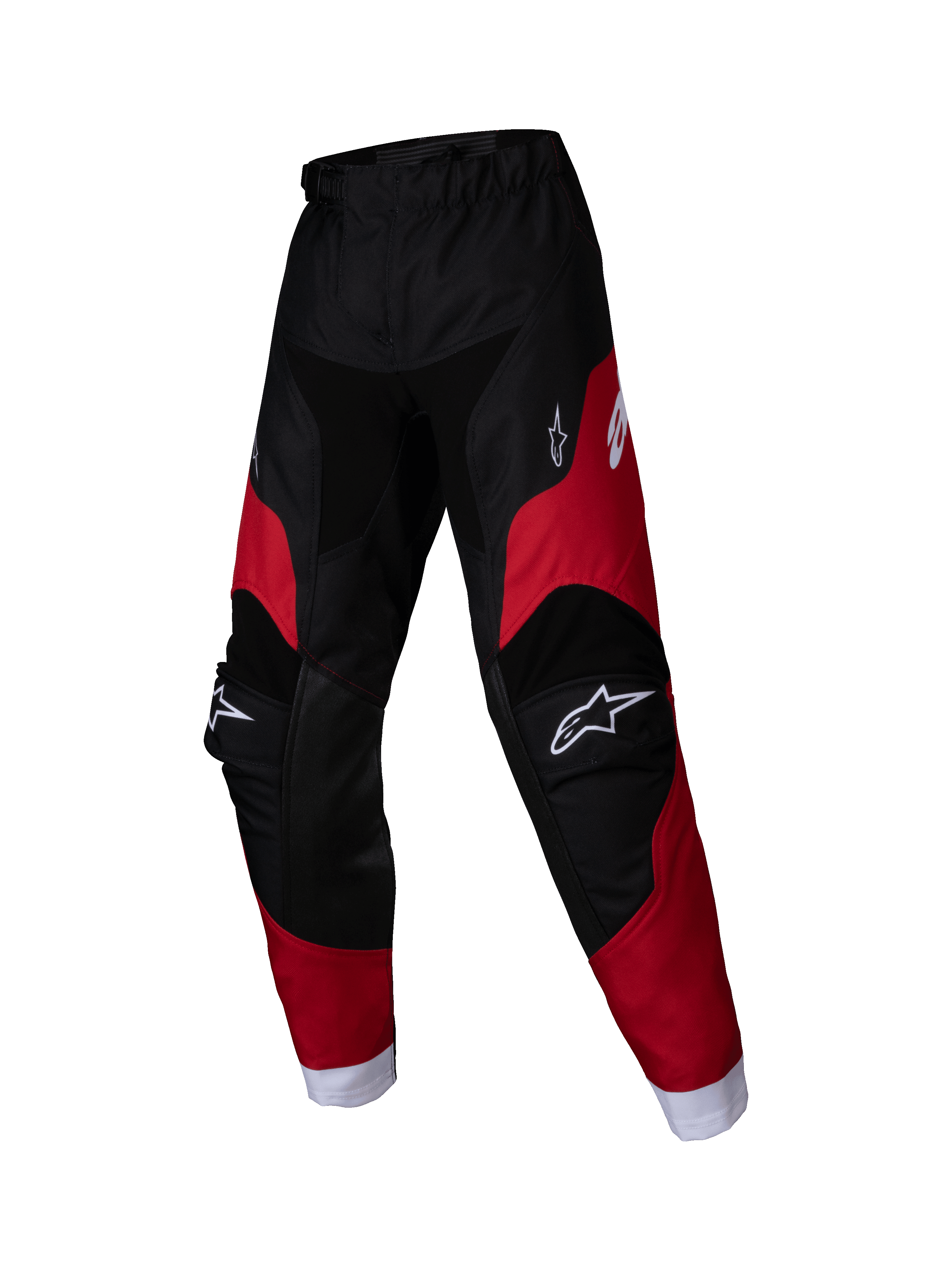 Alpinestars 2025 Kids Racer Veil Hose, Kinder-Motocross-Hose, Schwarz und Hellrot, weiße Logos an Oberschenkeln und Knien, weiße Knöchelbündchen, ergonomisch vorgeformtes Design, strapazierfähiges Material für Offroad-Rennsport