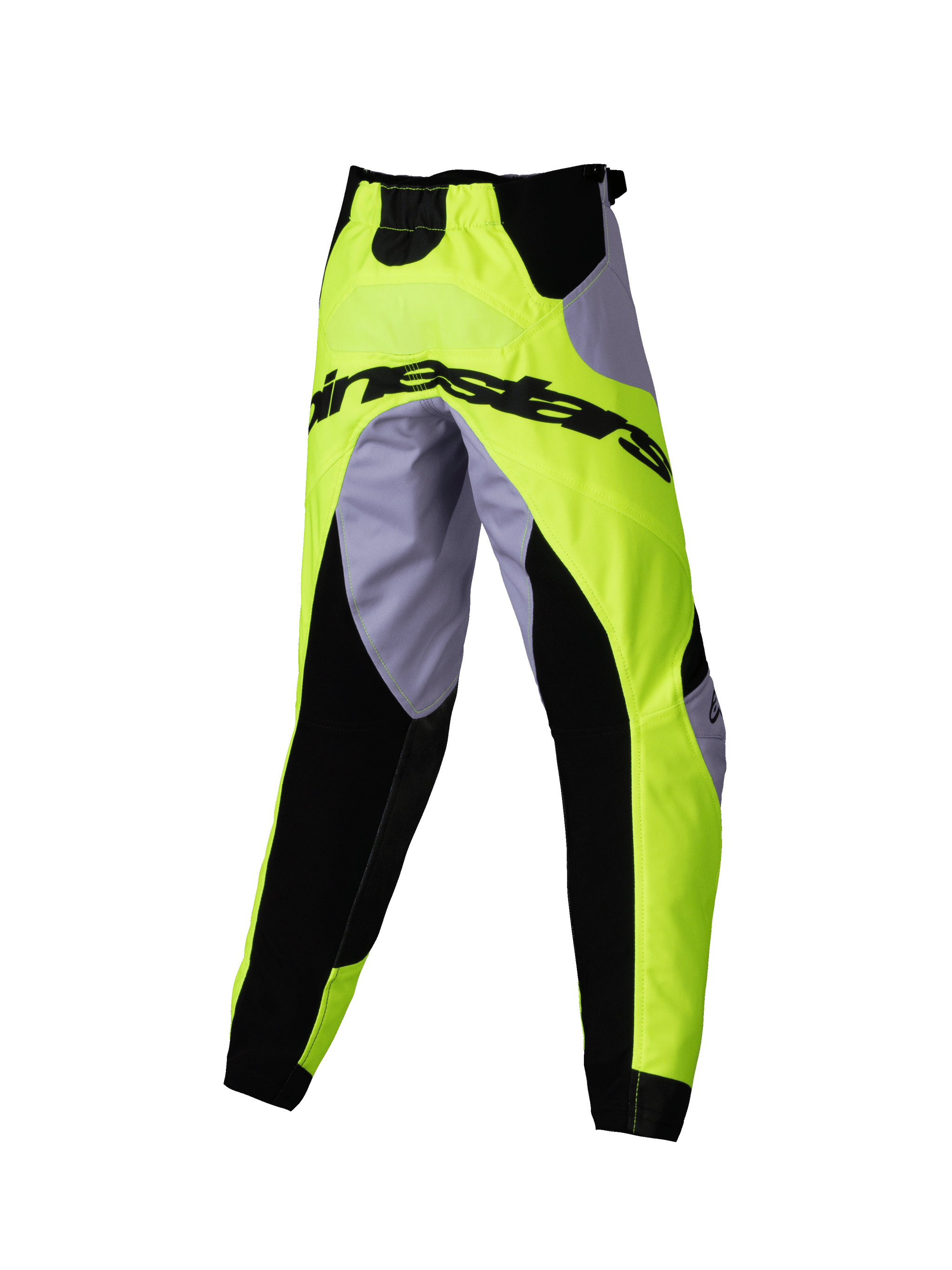 Alpinestars 2025 Kids Racer Veil Pants, Motocross Pants, Gray and Yellow Fluo, featuring black stretch panels and Alpinestars logo across the rear, sporty ergonomic design for youth off-road racing
