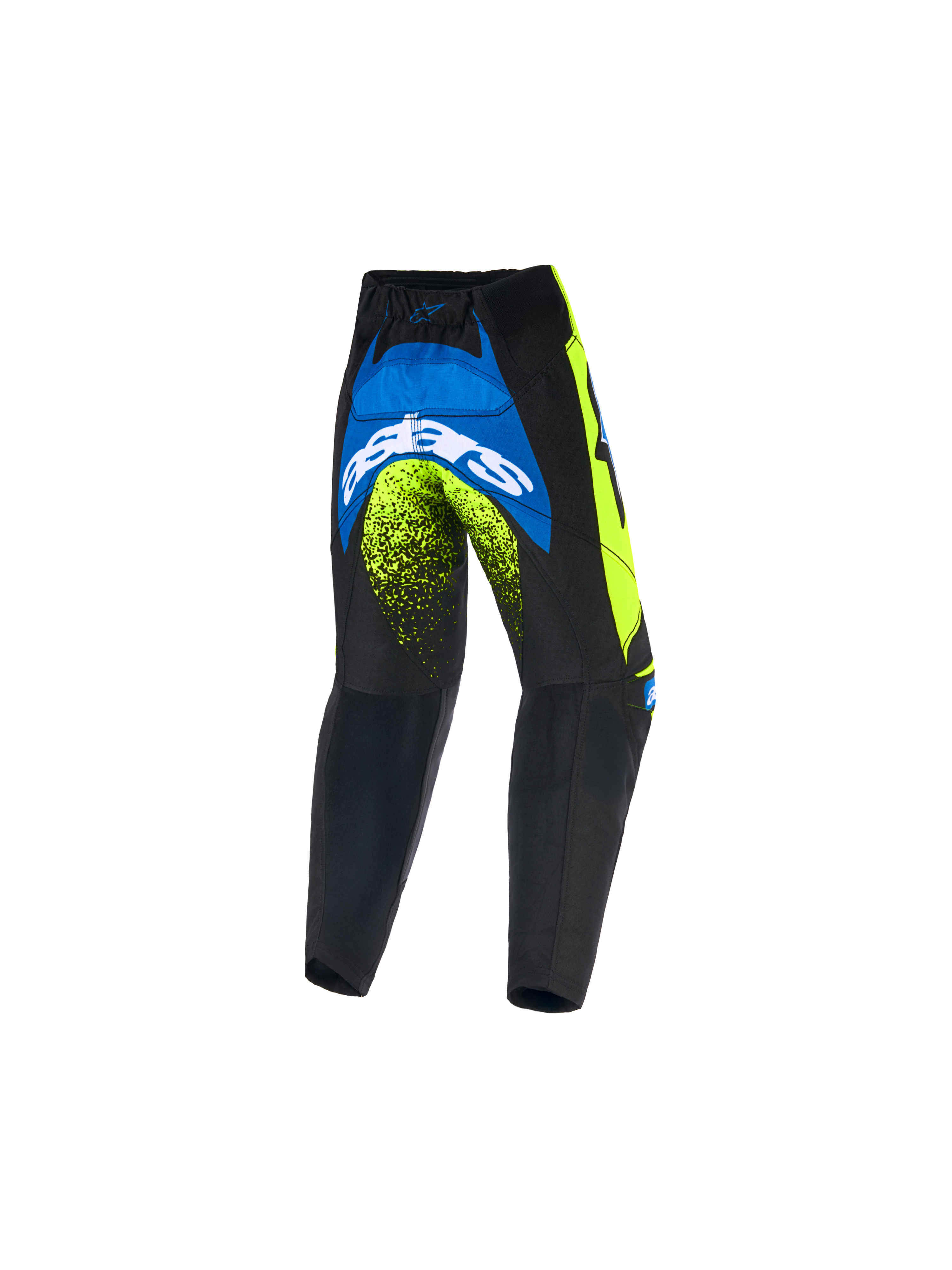 Alpinestars 2026 Kids Racer Nomur Hose, Jugend-Motocross-Hose, Dunkelblau, Neongelb und UCLA Blau, Rückansicht mit markantem weißem Astars-Logo und Neon-Akzenten, strapazierfähiges Offroad-Design