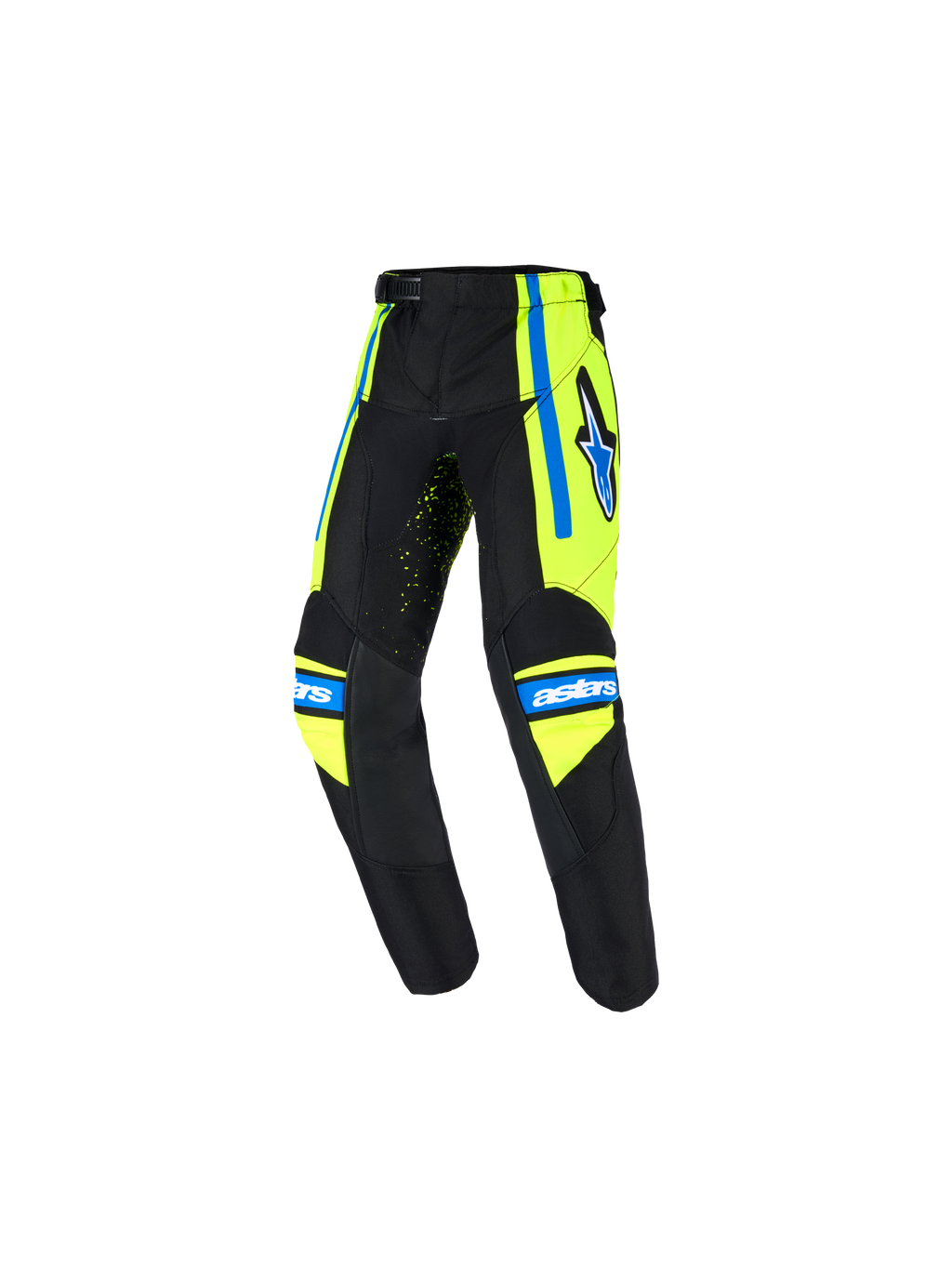Alpinestars 2026 Kids Racer Nomur Hose, Kinder-Motocross-Hose, Dunkelblau mit neongelben und UCLA-blauen Akzenten, Stern-Logo auf dem Oberschenkel, „astars“-Branding auf den Knien, ergonomisches vorgeformtes Design für Offroad-Rennen