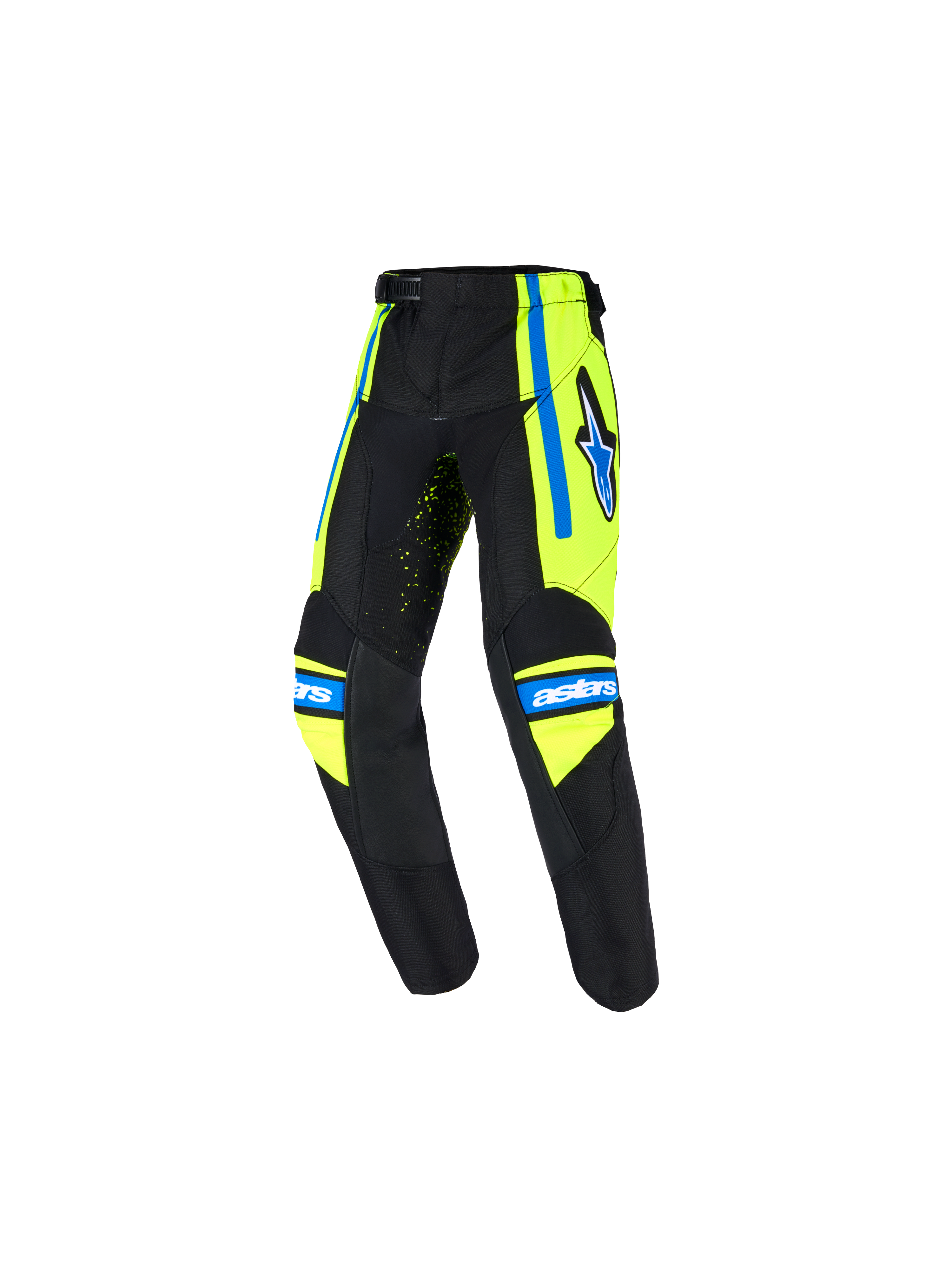 Alpinestars 2026 Kids Racer Nomur Pants, Youth Motocross Pants, Dark Navy with Yellow Fluo and UCLA Blue accents, featuring star logo on the thigh, 'astars' branding on the knees, and ergonomic pre-curved design for off-road racing