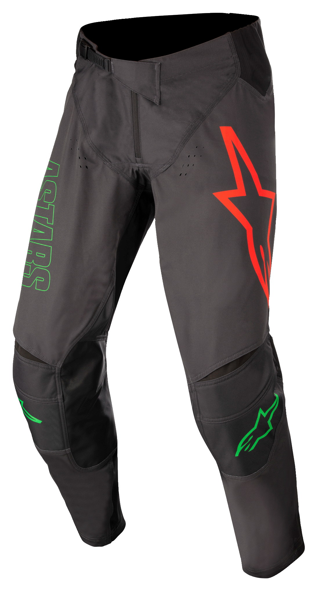 Alpinestars Techstar Phantom Hose, Motocross-Hose, Anthrazit und Neongrün, großes rotes Stern-Logo auf dem linken Oberschenkel, grünes ASTARS-Branding an der Seite, verstärkte schwarze Knieeinsätze, verstellbarer Ratschenverschluss, strapazierfähige Performance-Ausrüstung für Motocross-Rennen