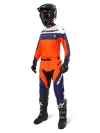 Alpinestars Pro-Dura Pants, Motocross and Enduro Pants, Navy Hot Orange and White, worn as part of a complete racing gear set with matching jersey, black helmet, and black boots, featuring durable panels and bold branding for off-road performance.