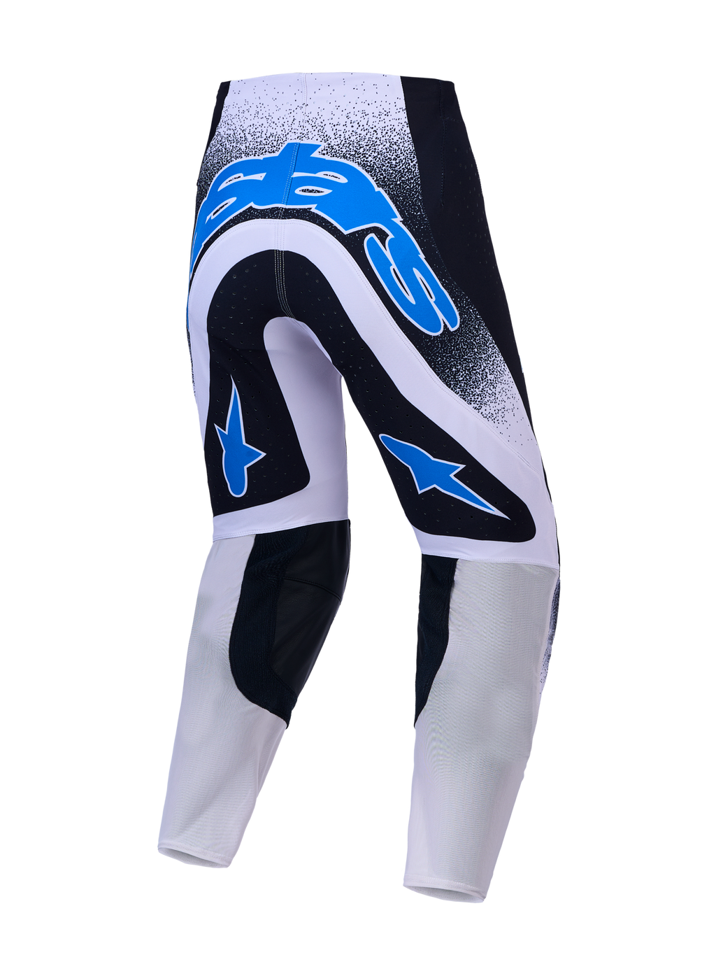 Alpinestars Supertech Hiten AFD Motocross-Hose, Rückansicht in Schwarz, Weiß und Blau mit Stretch-Mesh-Konstruktion.