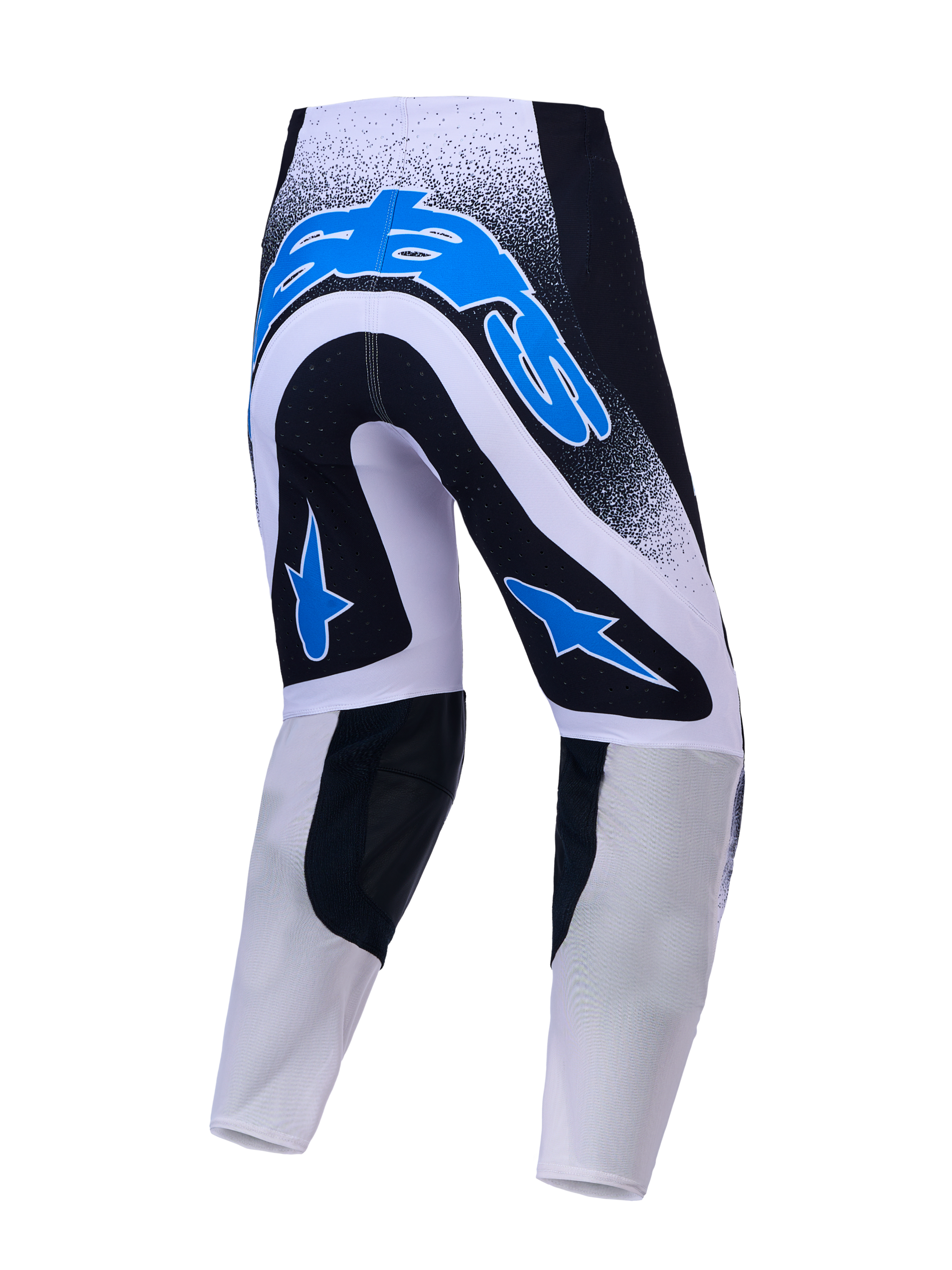 Alpinestars Supertech Hiten AFD Motocross-Hose, Rückansicht in Schwarz, Weiß und Blau mit Stretch-Mesh-Konstruktion.