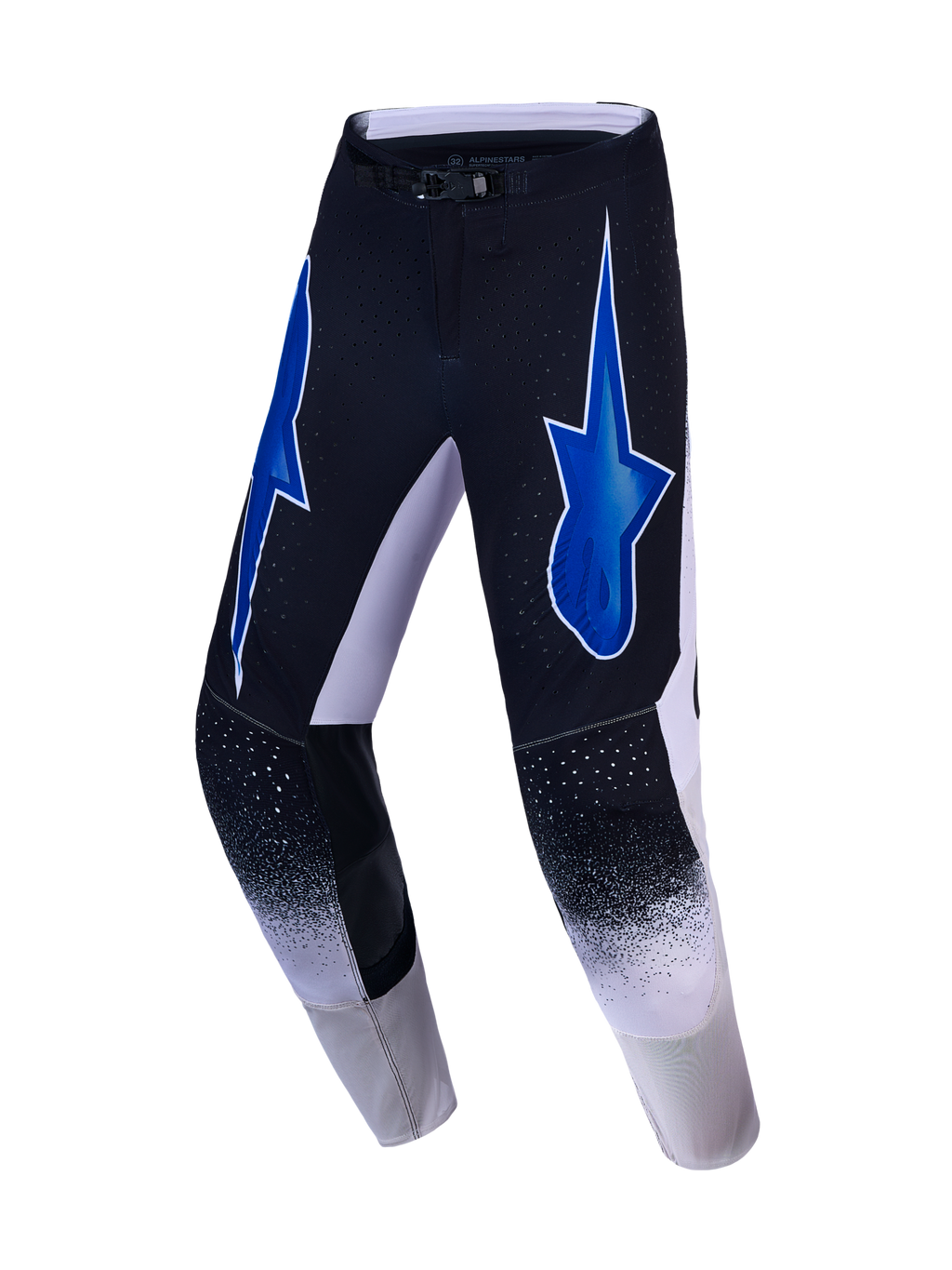 Alpinestars Supertech Hiten AFD Motocross-Hose in Schwarz und Weiß mit blauen Sterngrafiken und Performance-Belüftung.