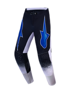 Alpinestars Supertech Hiten AFD Motocross-Hose in Schwarz und Weiß mit blauen Sterngrafiken und Performance-Belüftung.