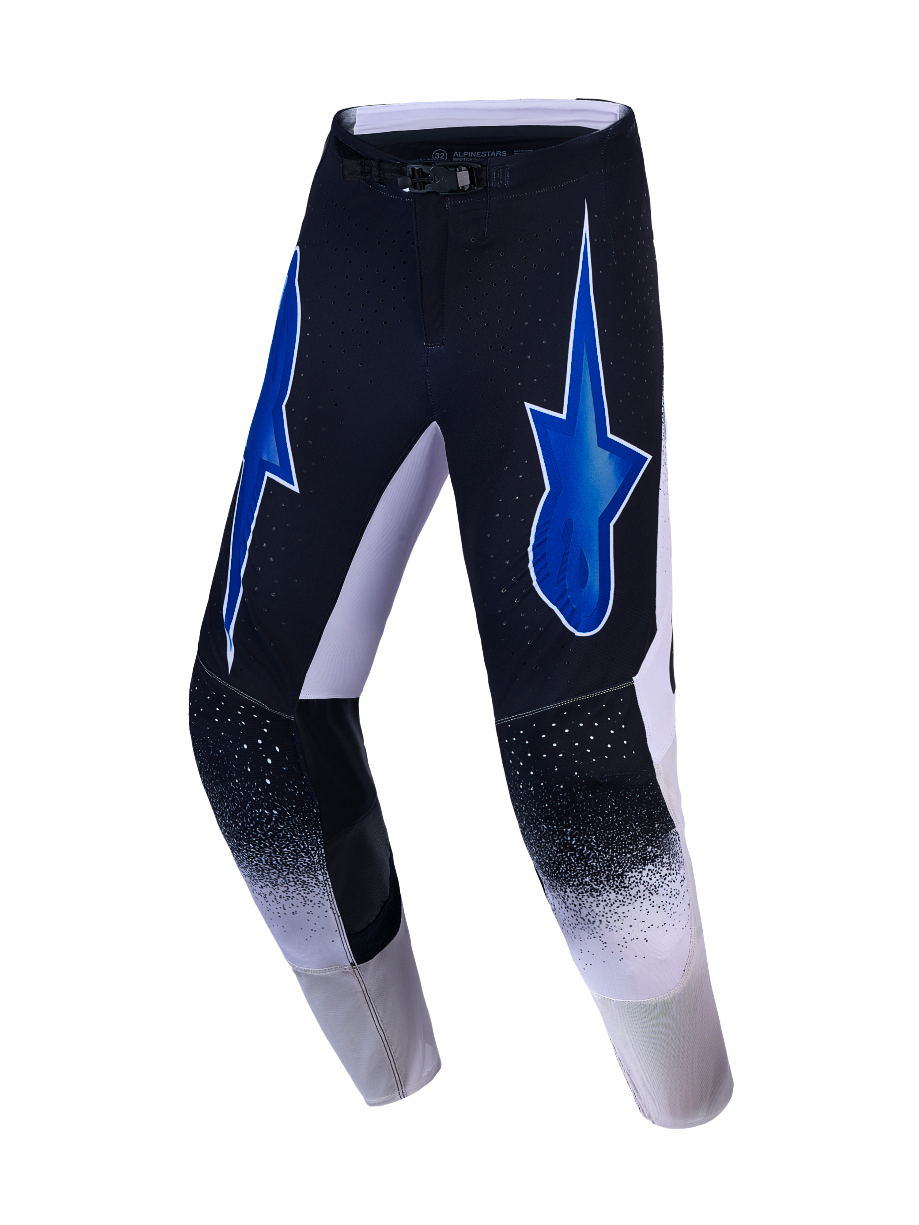 Alpinestars Supertech Hiten AFD Hose, Herren-Motocross-Rennsport-Hose in Schwarz und Blau mit athletischem Stretch, markanten Stern-Logos und Perforationen für maximale Belüftung.